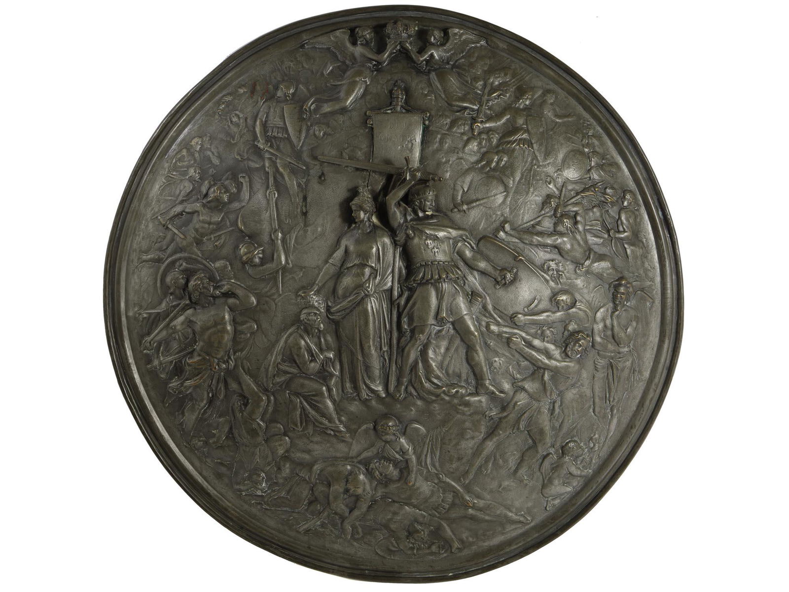 A RENAISSANCE STYLE EUROPEAN SHIELD WITH A BATTLE SCENE (1 of 4)