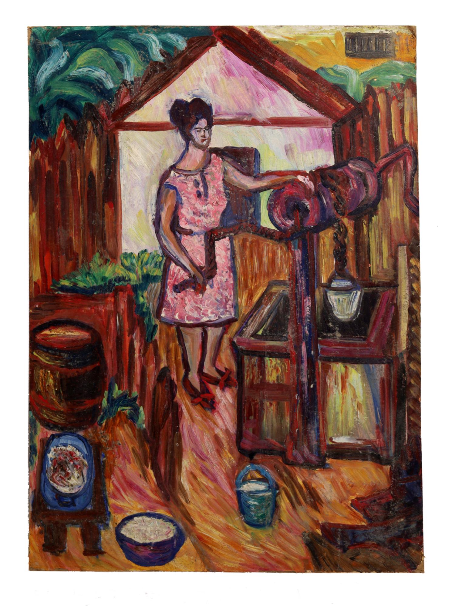 A GRETA DARBINYAN OIL ON CARDBOARD PAINTING, 1967 (1 of 2)