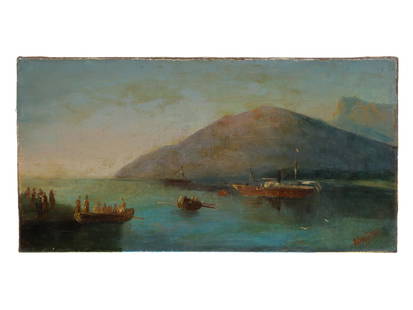 A 19TH CEN. OIL ON CANVAS PAINTING SIGNED BY AIVAZOVSKY: Russian 19th-century oil on canvas marine painting attributed to Ivan Aivazovsky and depicting the coast of Yalta. Signed at the lower right.Ivan Konstantinovich Aivazovsky was a Russian Romantic pain