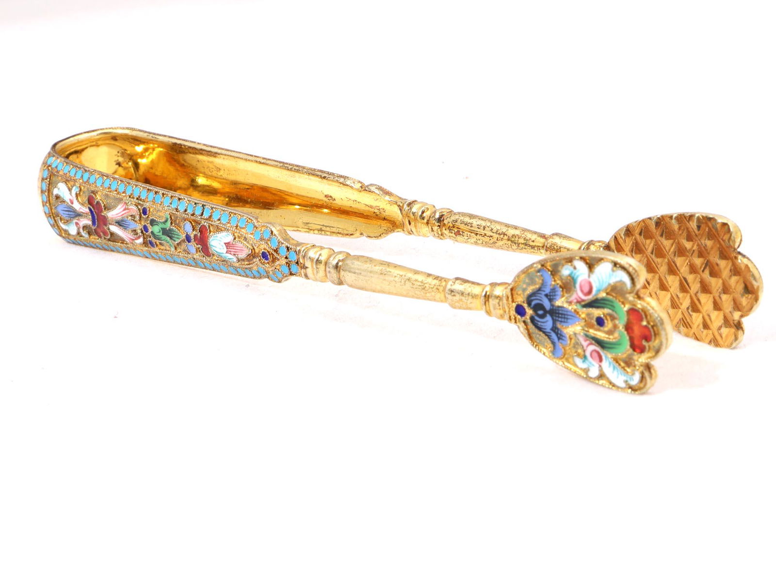 ANTIQUE RUSSIAN SILVER-GILT CLOISONNE SUGAR TONGS (1 of 3)