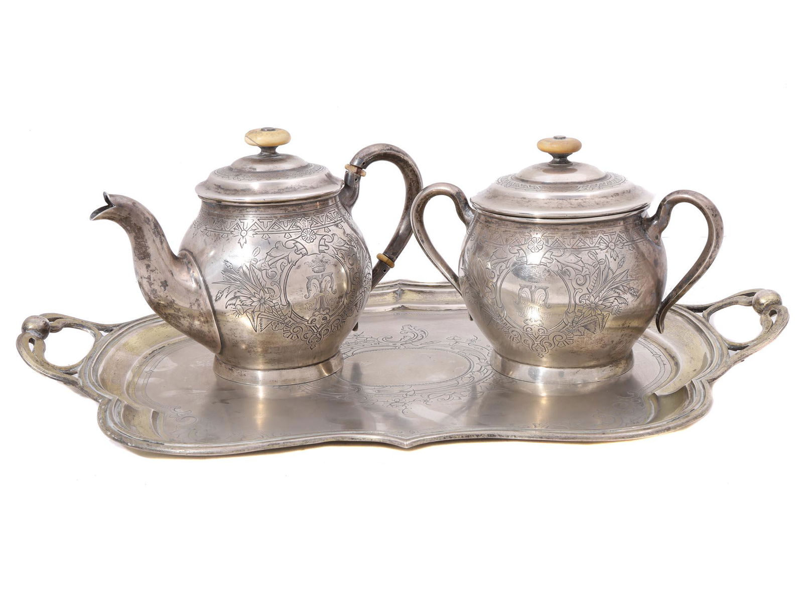 AN ANTIQUE RUSSIAN ENGRAVED SILVER TEA SET 19TH C (1 of 9)