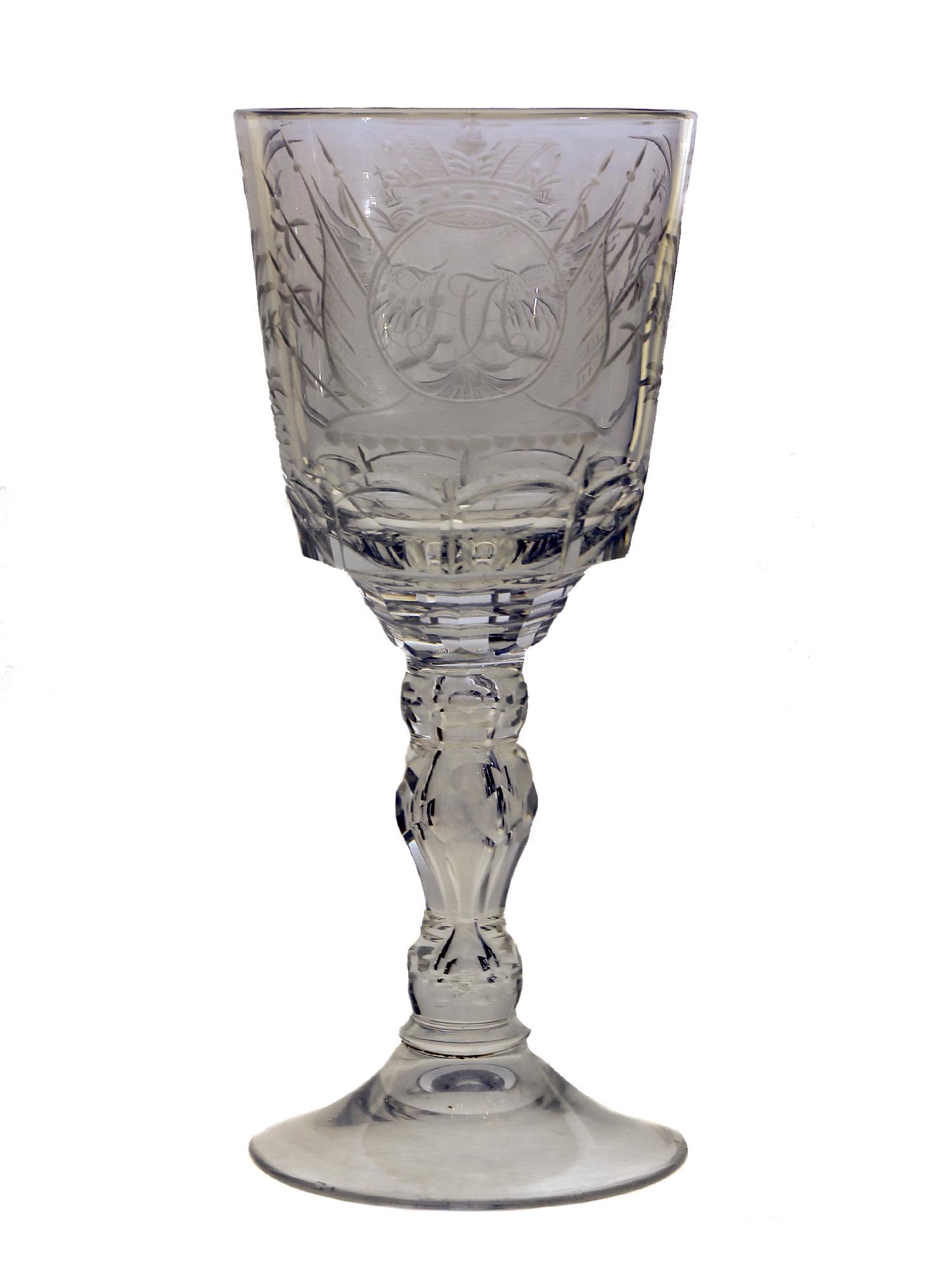 A RUSSIAN ENGRAVED-GLASS GOBLET WITH CIPHER OF AII, (1 of 3)