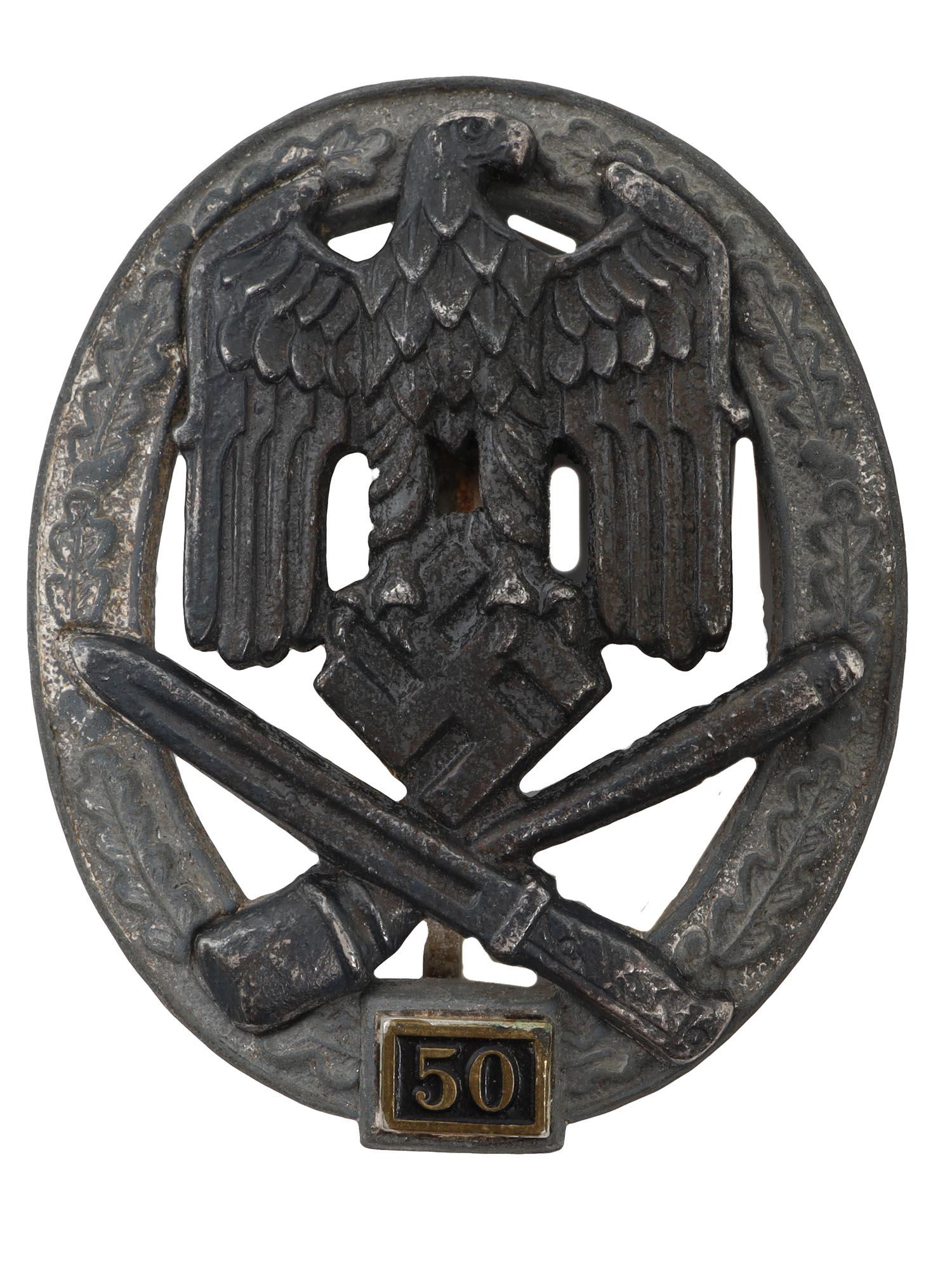 A WWII GERMAN GENERAL ASSAULT BADGE NUMBERED 50, MAKER "RK" (1 of 3)