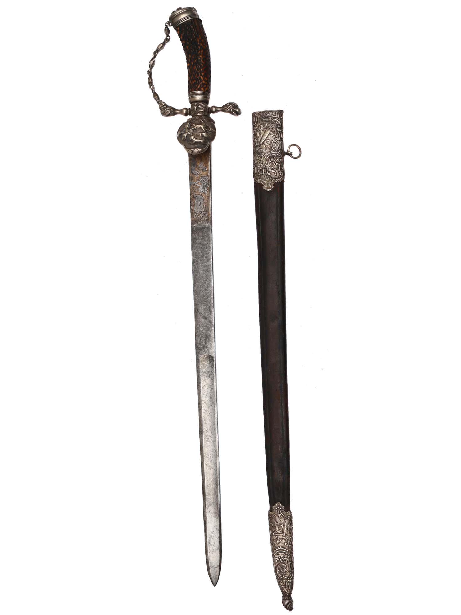 A GERMAN SILVER MOUNTED AND GILT HIRSCHFANGER HUNTING SWORD (1 of 10)