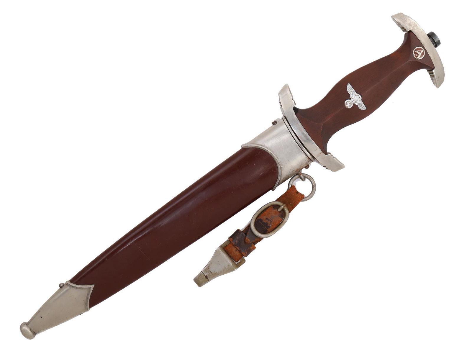 A GERMAN NAZI WWII SA DAGGER, RZM M7/118: A "Sturmabteilung" (SA) dagger, the blade is marked by the manufacturer: "RZM M7/118", and with etched motto "ALLES FUR DEUTSCHLAND". Metal brown painted scabbard with fittings retained by screws, com