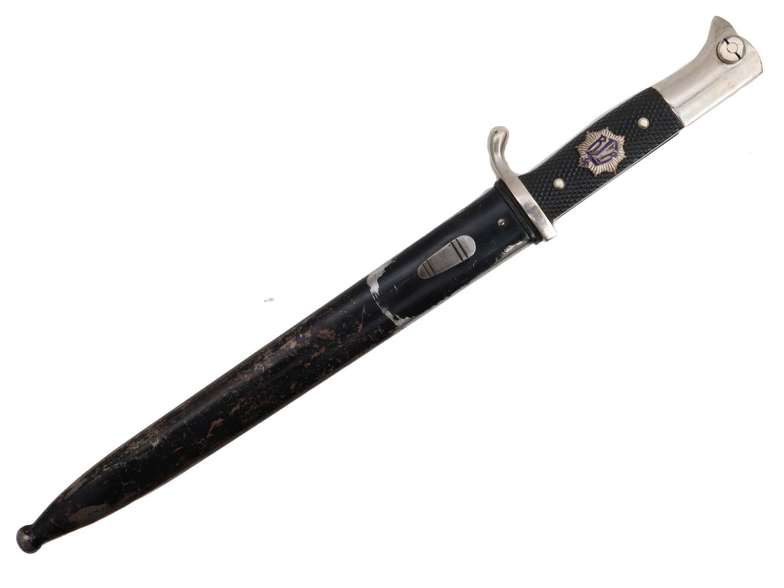A WWII GERMAN AIR PROTECTION LEAGUE DRESS BAYONET: Germany, RLB Reich etched bayonet by Robert Klaas, Solingen-Ohligs with Anti-Aircraft League badge (Reichs Luftschutzbund). Dimensions: L: 15 3/4 in., (40 cm.)