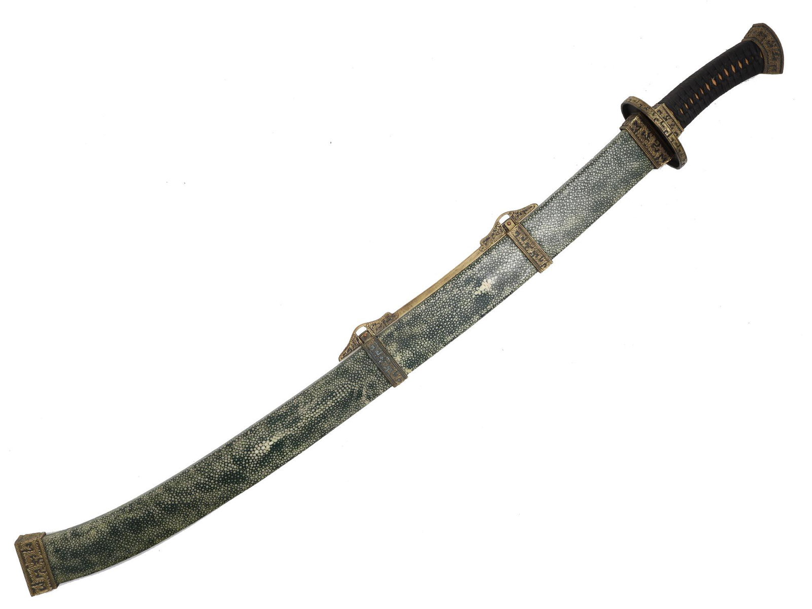 A CHINESE SABER IN A RAYSKIN-COVERED SHEATH: Chinese Yanling Dao or Goose-quill sword, with a scabbard covered with green-tone ray skin, in the Qing Dynasty style. Dimensions: L: 36 in., (91.4 cm.)