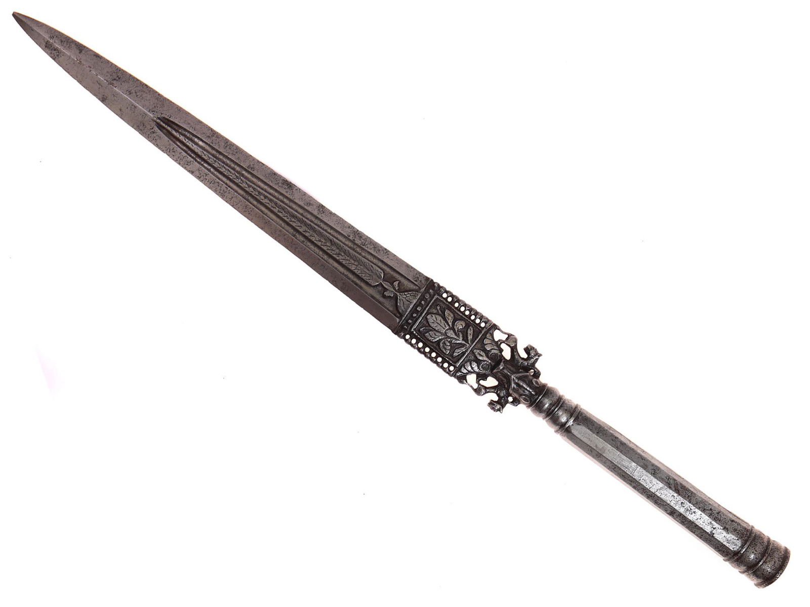A CHISELED PIERCED-IRON INDIAN SPEAR WARHEAD, 18TH CEN. (1 of 6)