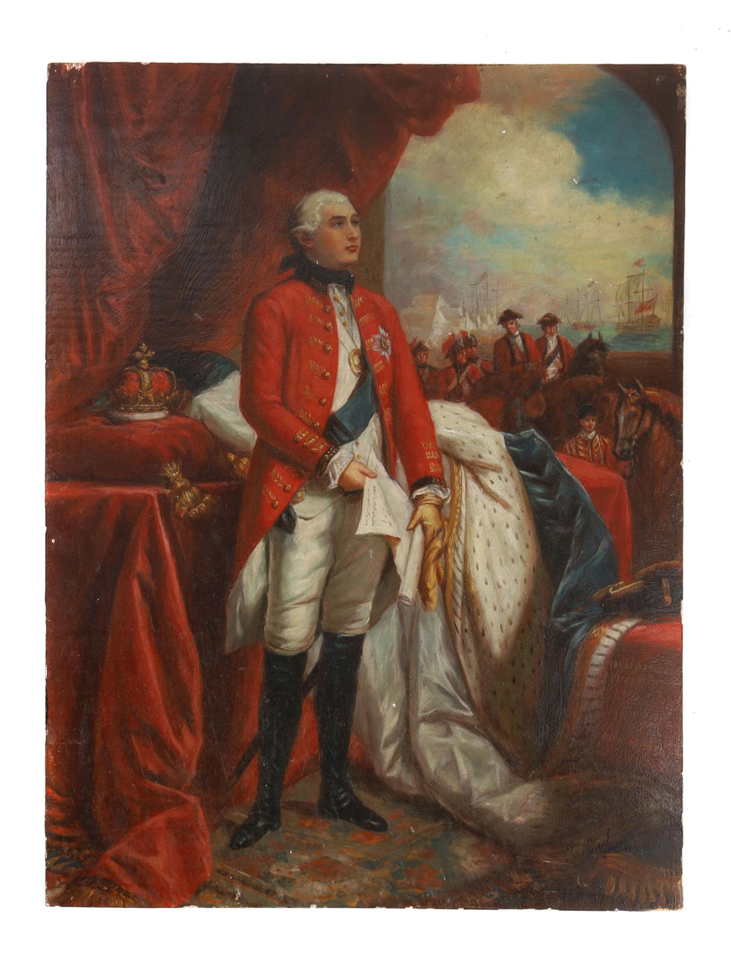 A N.BINGHAM PAINTING OF GEORG III, OIL ON WOODEN BOARD: An oil on wood board painting by N. Henry Bingham (American, born 1939), after the portrait of George III by Benjamin West (British, American, 1738-1820). George III is depicted as a confident militar