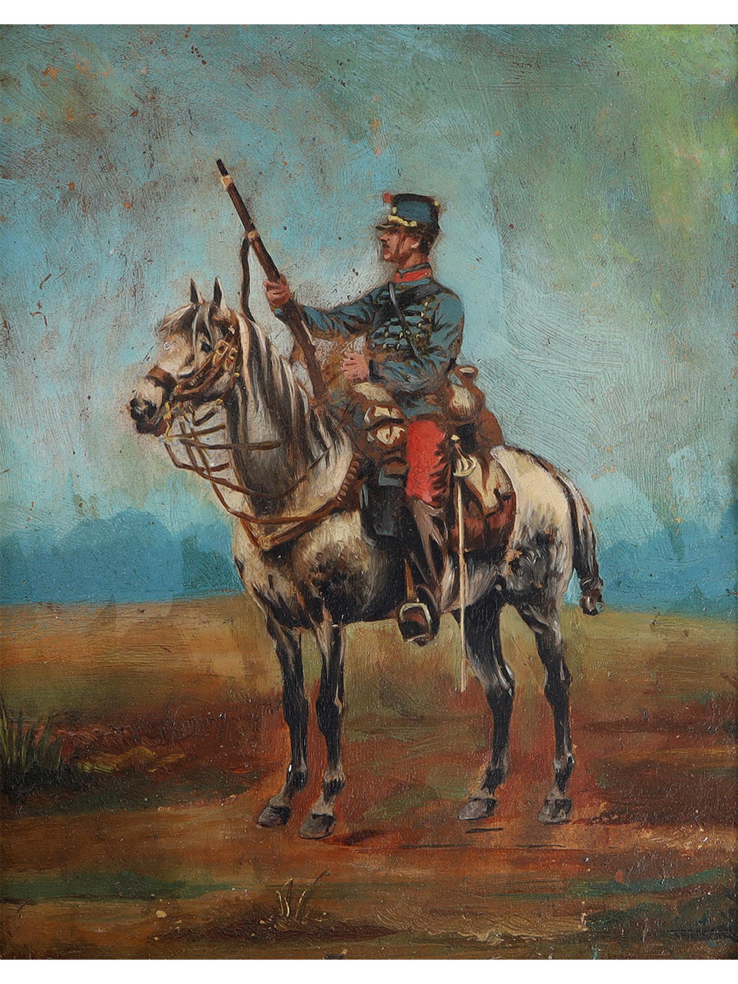 A FRENCH CHASSEUR MILITARY PAINTING, OIL ON WOOD: This oil on wood panel painting depicts a French Chasseur soldier on a horseback, the Second French Empire period, the mid 19th century. A Chasseur D'Afrique, light cavalry (Chasseurs Ã cheval) tro
