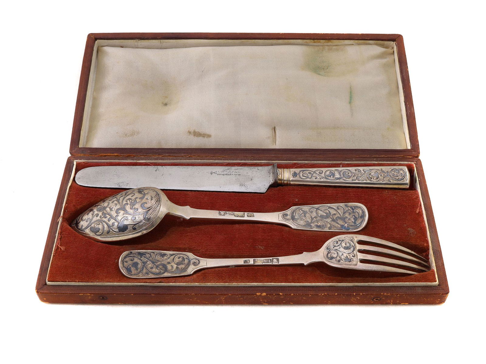 A RUSSIAN SILVER AND NIELLO CASED EGOIST CUTLERY SET (1 of 6)