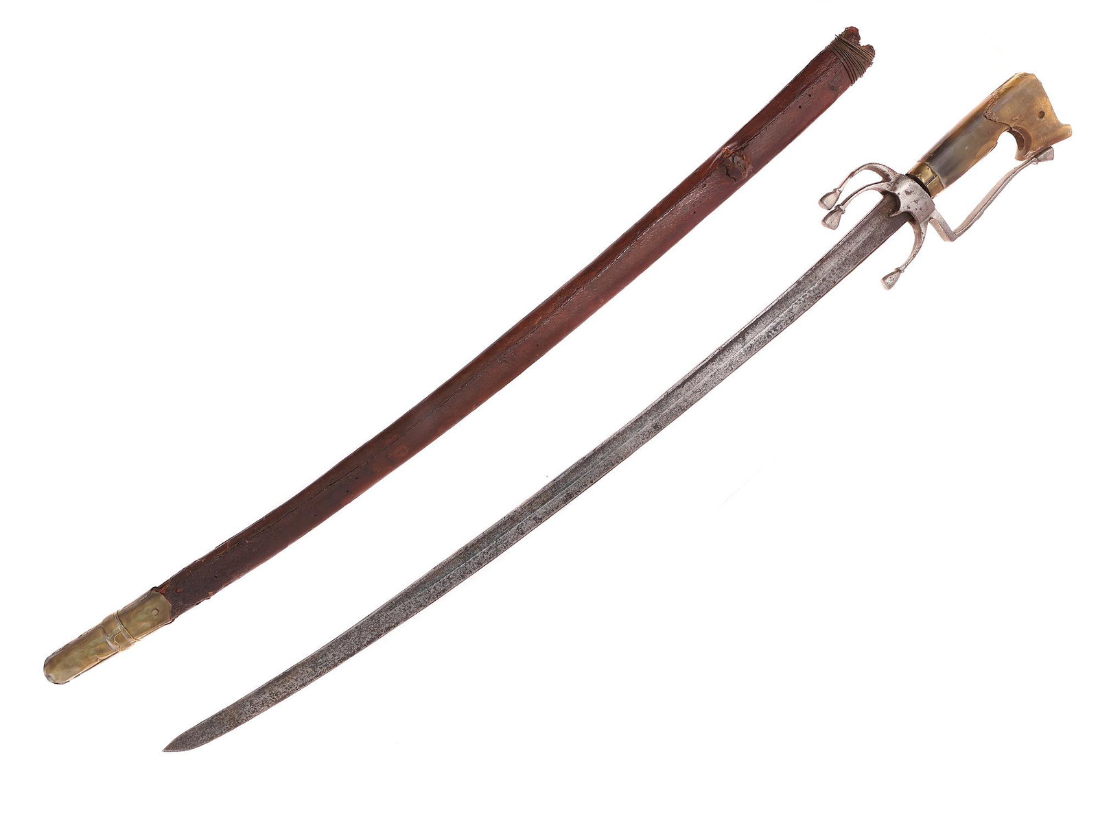 A ISLAMIC MOROCCAN NIMCHA SWORD, 19TH CEN.: A single-edged slightly curved blade with a groove on each side carved horn grip of characteristic form, turned-down quillon. Wooden scabbard covered in dark-brown leather with a brass chape.North Afr