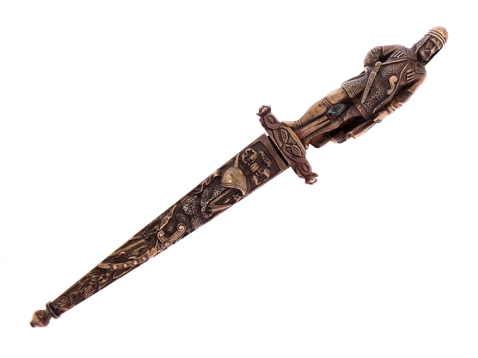 A FRENCH 19TH C. ROMANTIC CAUCASIAN DAGGER, CIRCASSIAN WARRIOR: An unusual French mid-19th-century Romantic Caucasian gilded bronze dagger with a hilt depicting a standing Circassian warrior. Complete with its original scabbard decorated with highly detailed milit