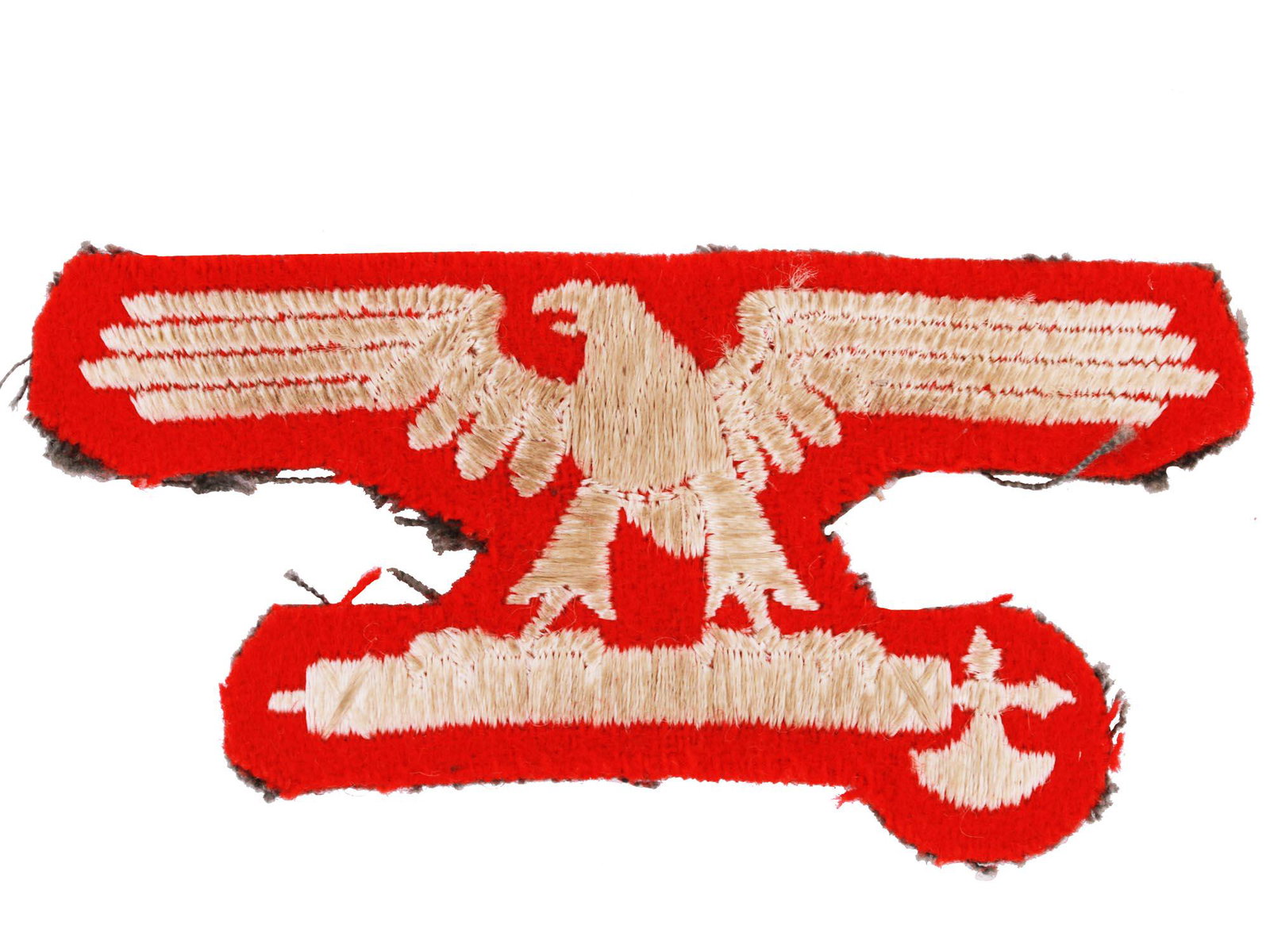 A RARE ITALIAN FASCIST WW2 ERA EAGLE SLEEVE PATCH: A rare Italian fascist WW2 era SS EM NCO eagle sleeve patch manufactured in white threads on a red wool background, backed by olive green fabric. Dimensions: H: 1 1/2 in. (4 cm.); W: 3 1/2 in. (9 cm.)