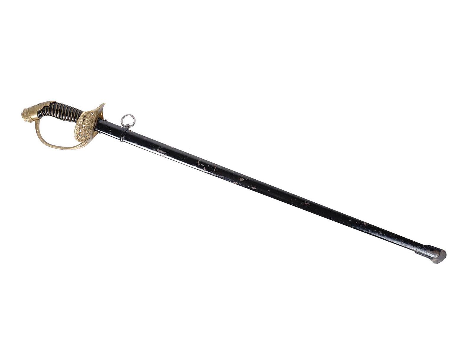 A GERMAN PRUSSIAN WURTTENBURG INFANTRY OFFICERâ€™S SWORD M1889: Rare Prussian Wurttenburg Model 1889 infantry officerâ€™s sword with brass hilt and folding guard in the form of the Wurttemberg coat of arms. Ebony grip wire bound with crowned royal initials on