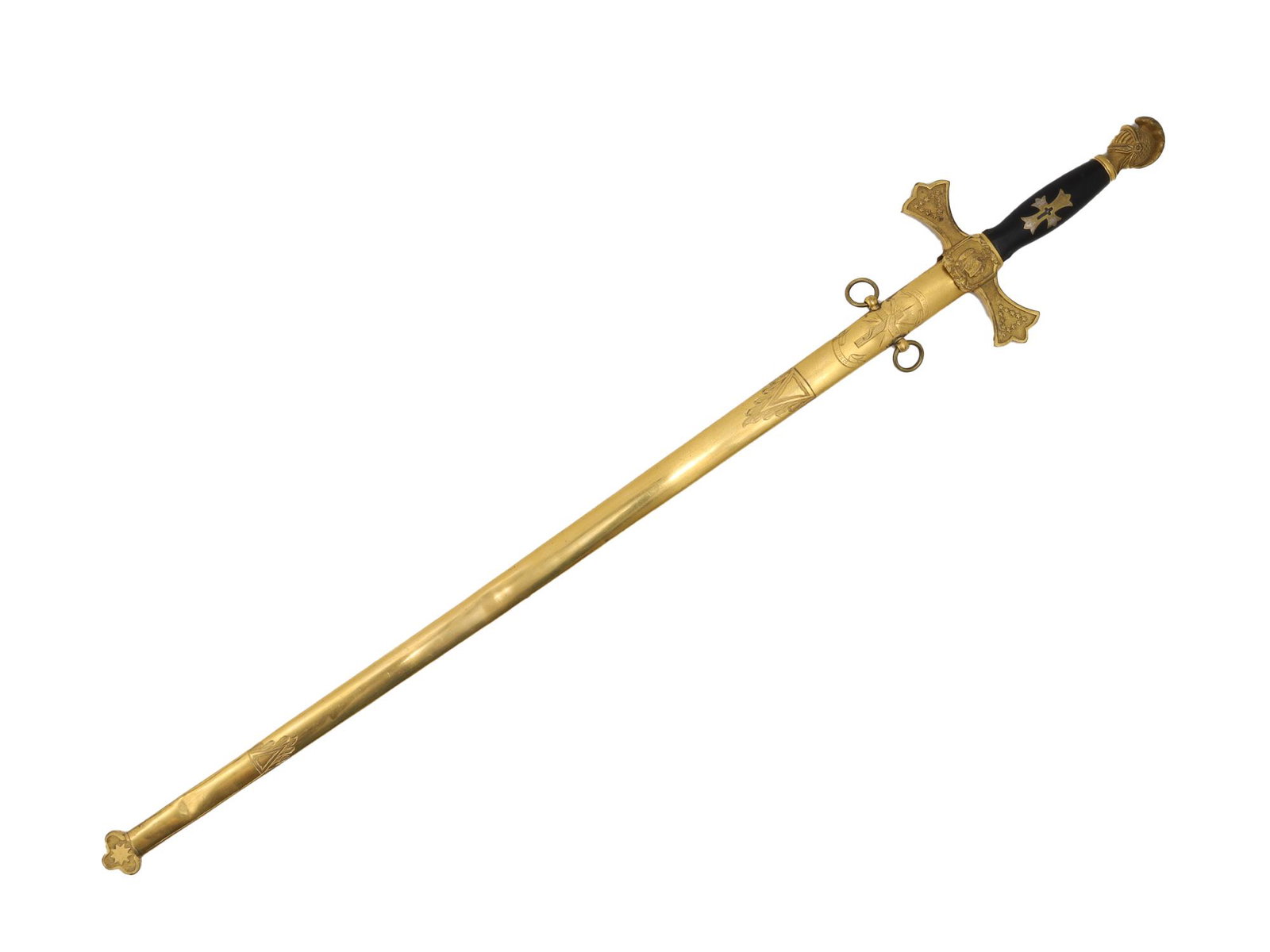 AN AMERICAN FRATERNAL MASONIC TEMPLAR SWORD BY AMES: Gilt brass knight-helmet-shaped pommel and cross guard featuring an American Eagle, ebony grip with an inserted brass cross, straight double-edged blade engraved with floral designs and crosses, ricas