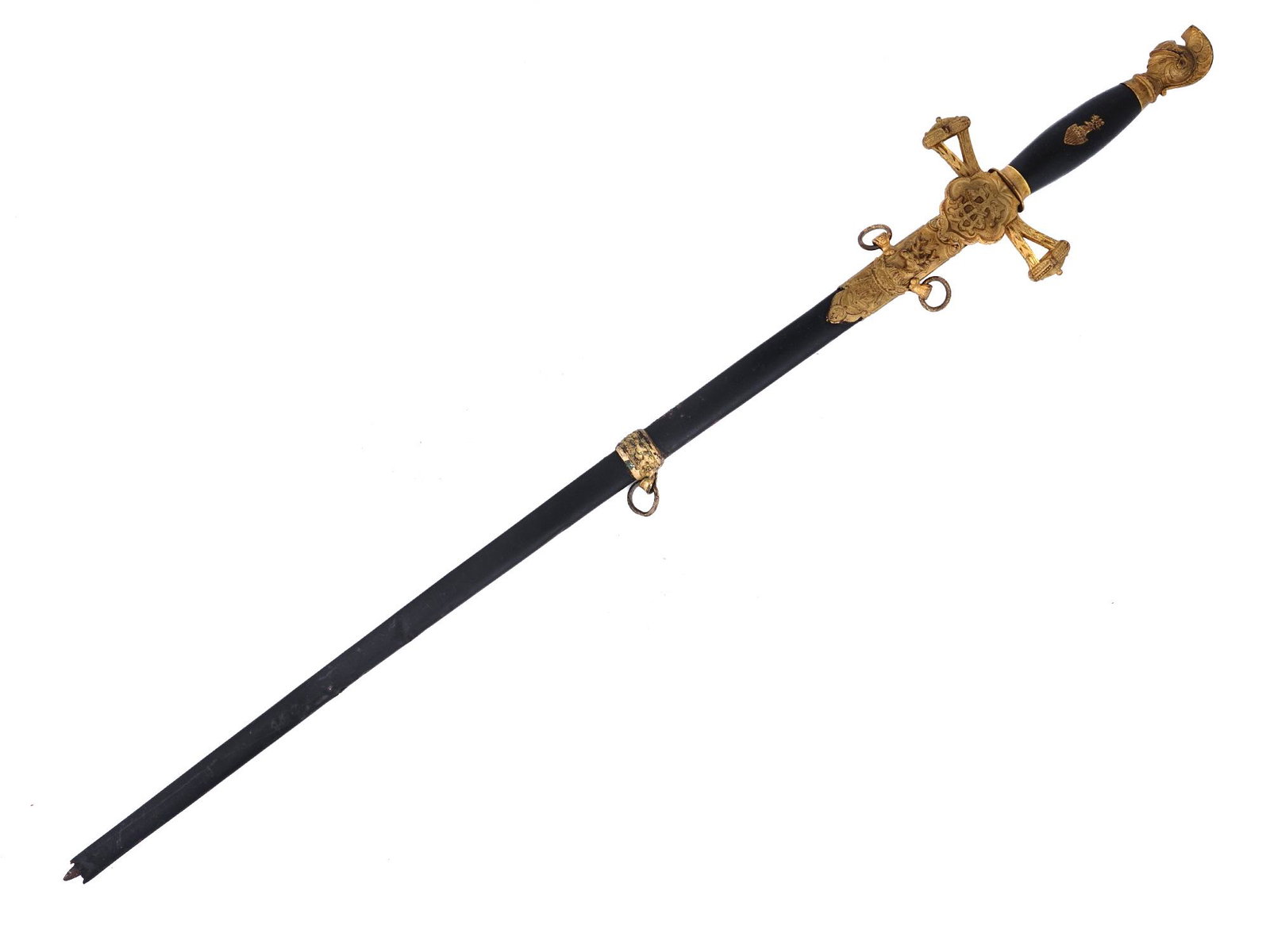 AN AMERICAN MASONIC SWORD KNIGHTS TEMPLAR SHERWOOD FOREST: Brass knight-helmet-shaped pommel and cross guard featuring a Knights Templar Sherwood Forest (KSF) monogram, wood grip with an inserted KSF insignia, straight double-edged blade engraved with floral