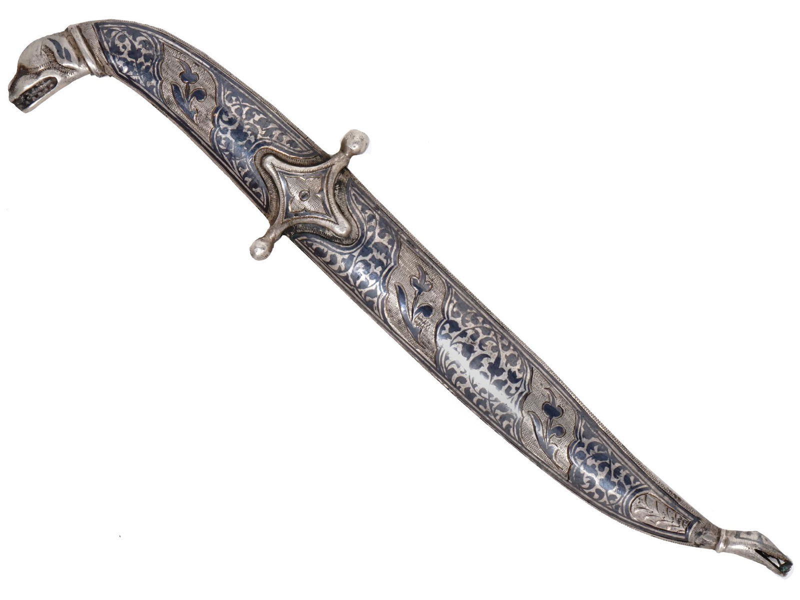A SILVER-MOUNTED RUSSIAN CAUCASIAN DAGEGR: Silver mounted dagger decorated in niello and engraving featuring zoomorphic pommel, stamped Russian silver proof hallmark "84" on the cross guard, straight single-edged blade. Dimensions: L: 10 1/4 i