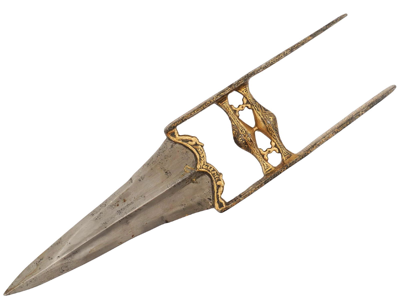 AN INDIAN KATAR (PUSH-THROUGH) DAGGER WITH GOLD KOFTGARI: An Indian push dagger (katar) with a Damascus blade. The pointy blade with a central ridge. The hand grip consists of two parallel bars connected by three cross pieces, one of them fastened to the bla