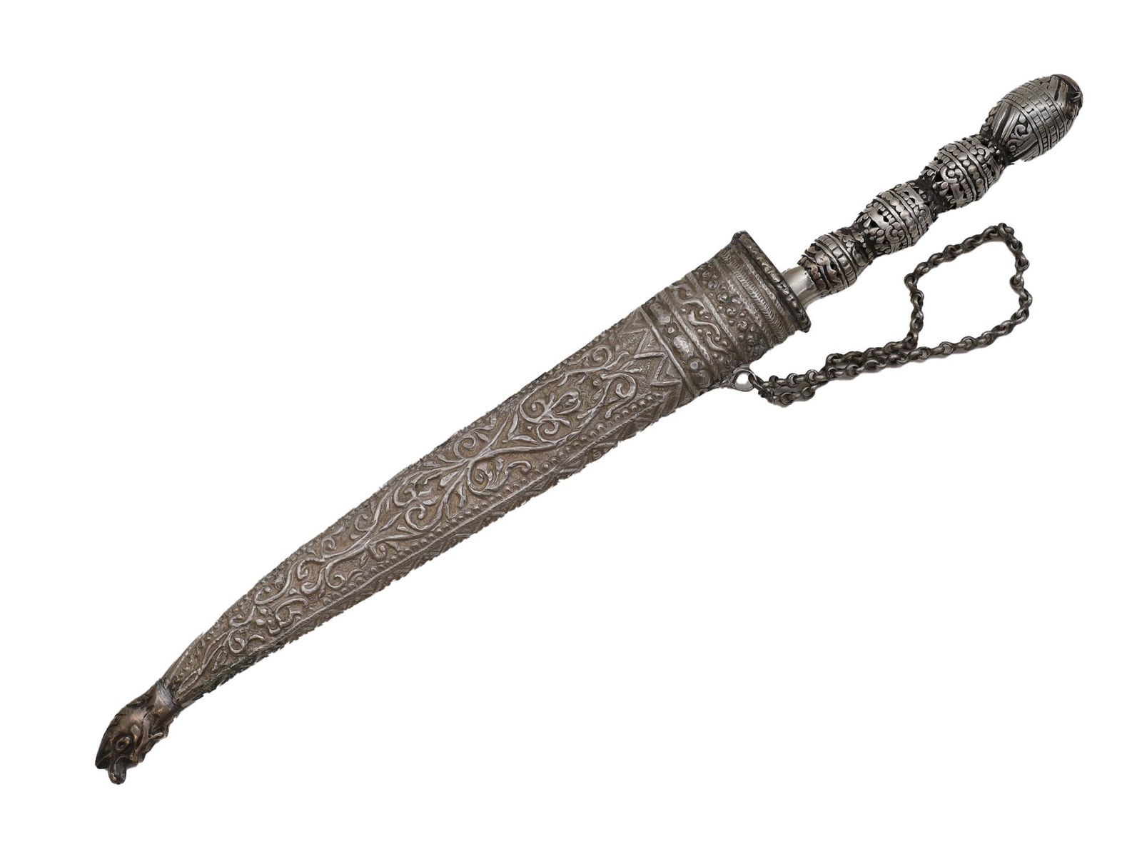 A BALKAN OR TURKISH SILVER-MOUNTED DAGGER, 19TH CEN.: Rare Ottoman Bichak, Balkans circa 1800. Steel single-edged blade with engraved geometric ornament. Silver handle consisting of four ovals decorated with chasing and engraving. The wooden scabbard is