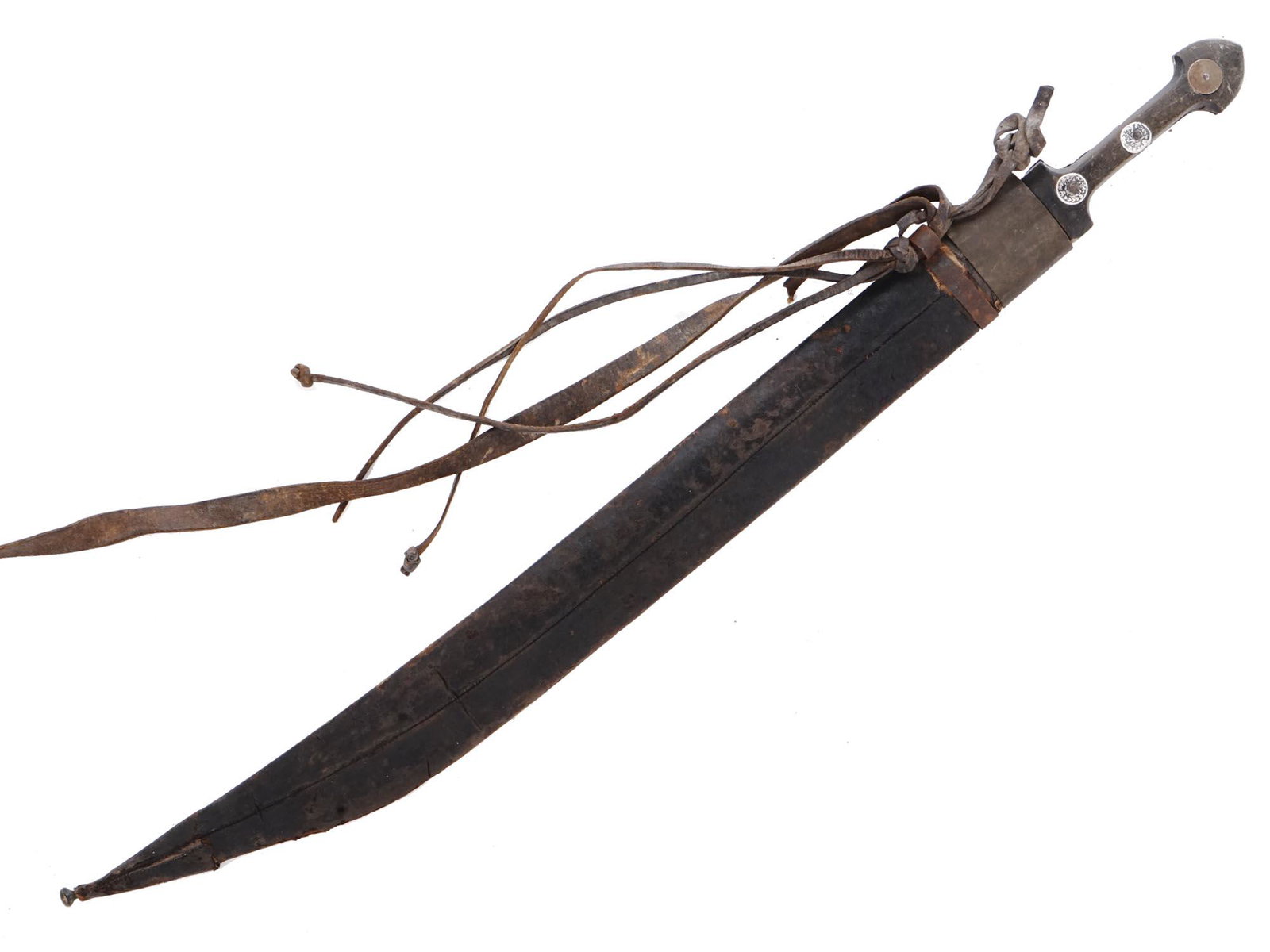 A PERSIAN ISLAMIC QUADDARA SWORD, ETCHED BLDE: Carved bone grip scales are secured by three metal rivets, two of the rivets are decorated with niello silver rosettes, a single-edged blade with a false blade and three fullers on either side, deeply