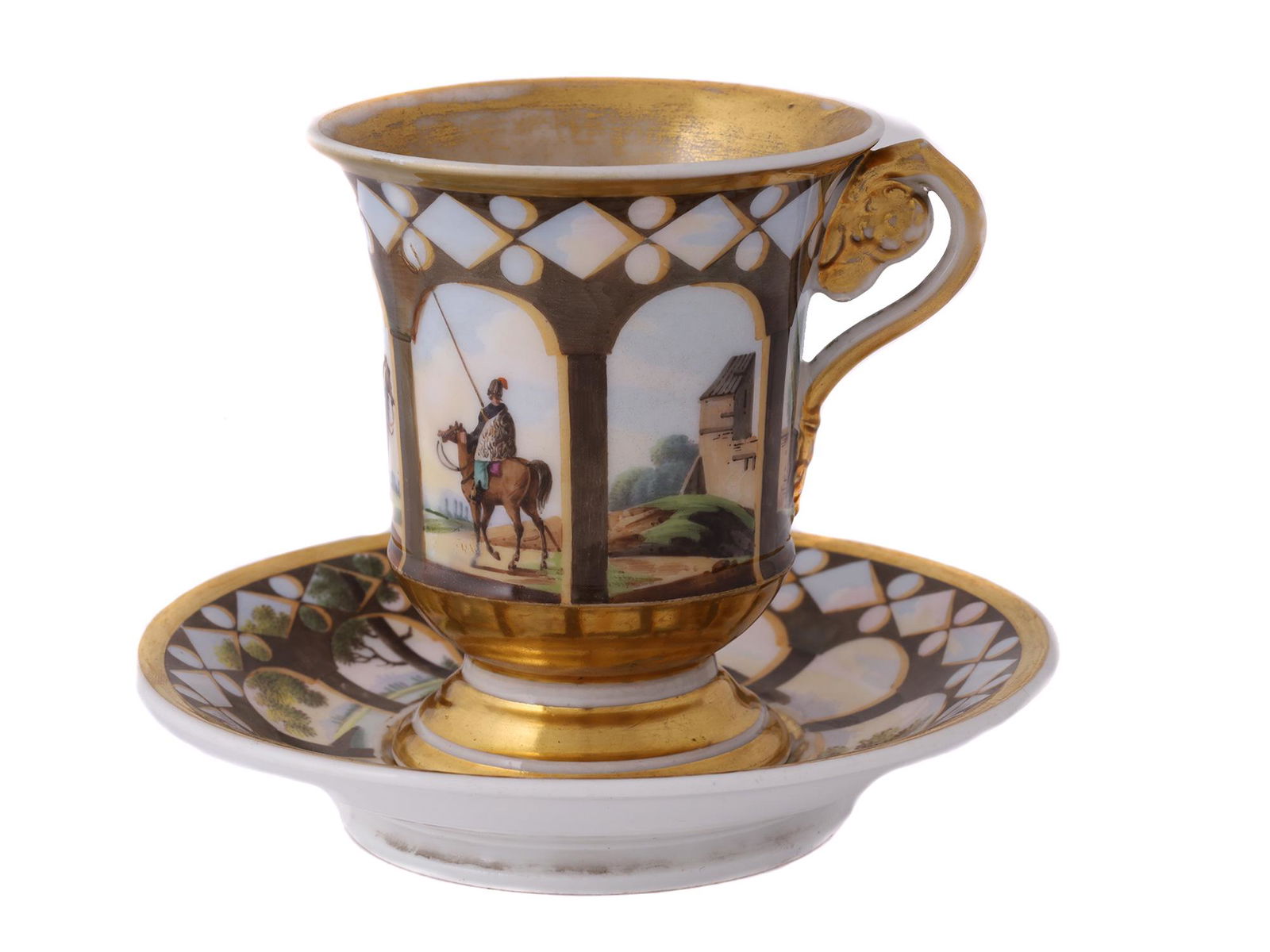 A RUSSIAN SAFRONOV PORCELAIN CUP DEPICTING COSSACKS (1 of 6)