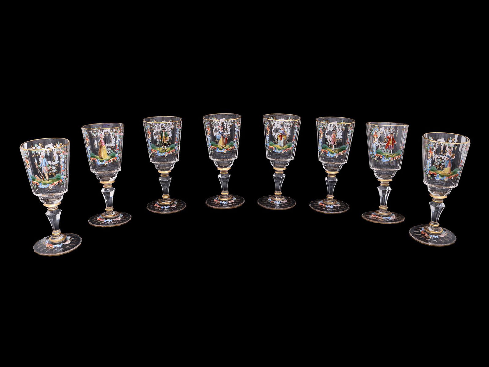 A BOHEMIAN LONGMIRE SIGNED GOBLETS FOOTED POKAL EIGHT-PIECE (1 of 5)
