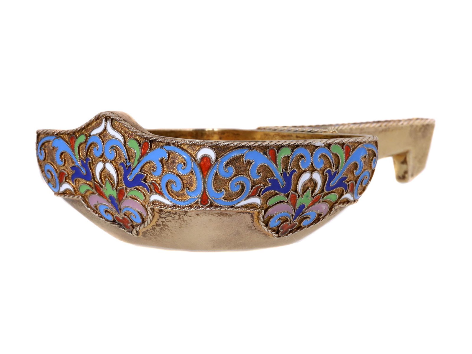 A RUSSIAN GRACHEV SILVER-GILT CLOISONNE ENAMEL KOVSH: A miniature gil silver kovsh formed as a scoop with a squared bowl and a protruding handle made by Grachev Brothers factory circa 1890. The exterior is adorned with very fine polychrome cloisonne enam