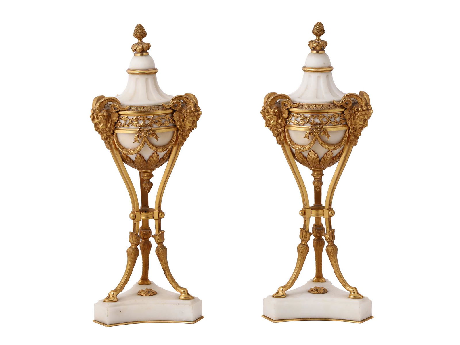 A FRENCH GILT-BRONZE MOUNTED WHITE MARBLE CASSOLETTES (1 of 5)