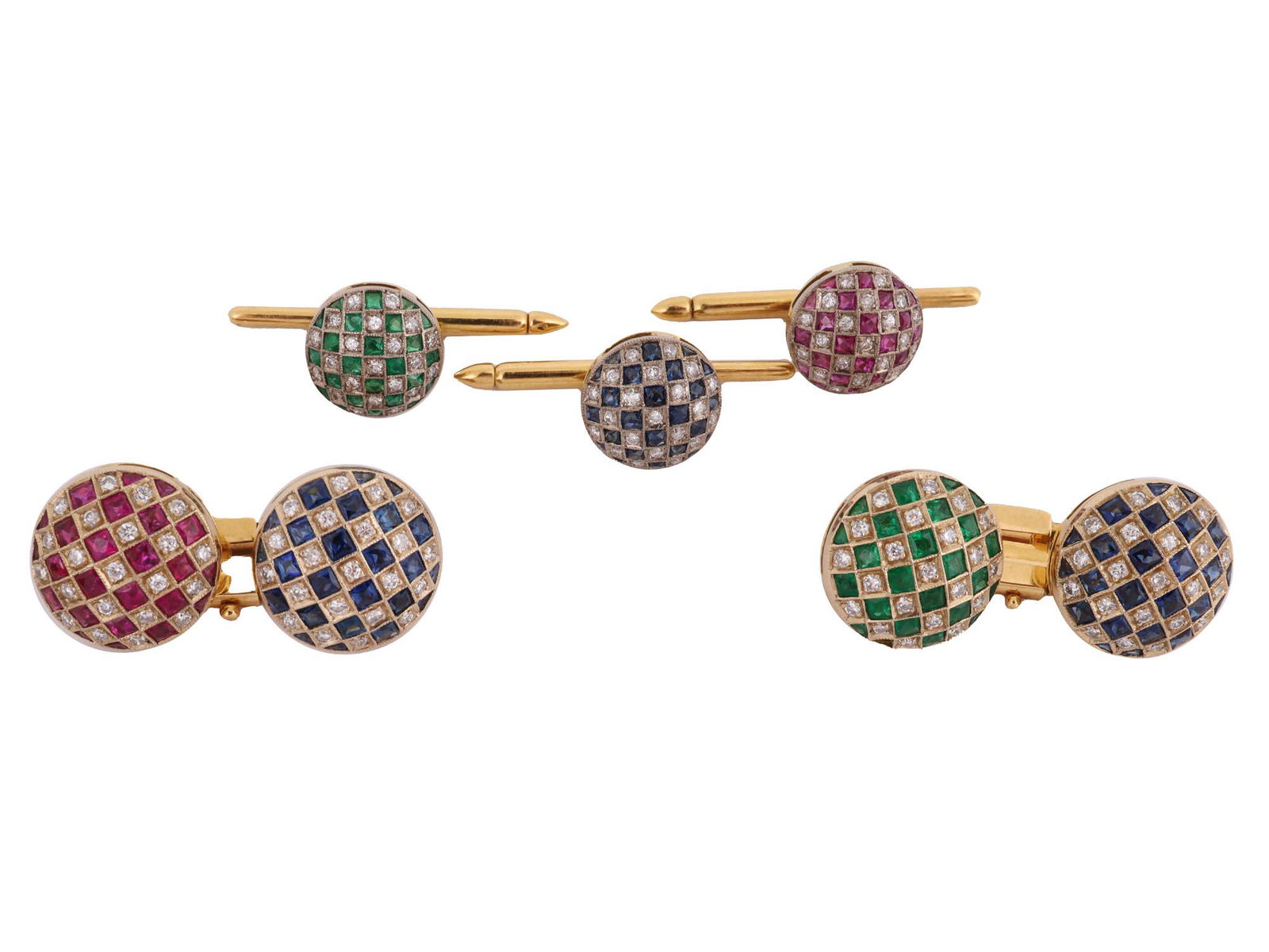 AN 18K GOLD AND GEMSTONES CUFFLINKS AND SHIRT BUTTONS SET (1 of 4)