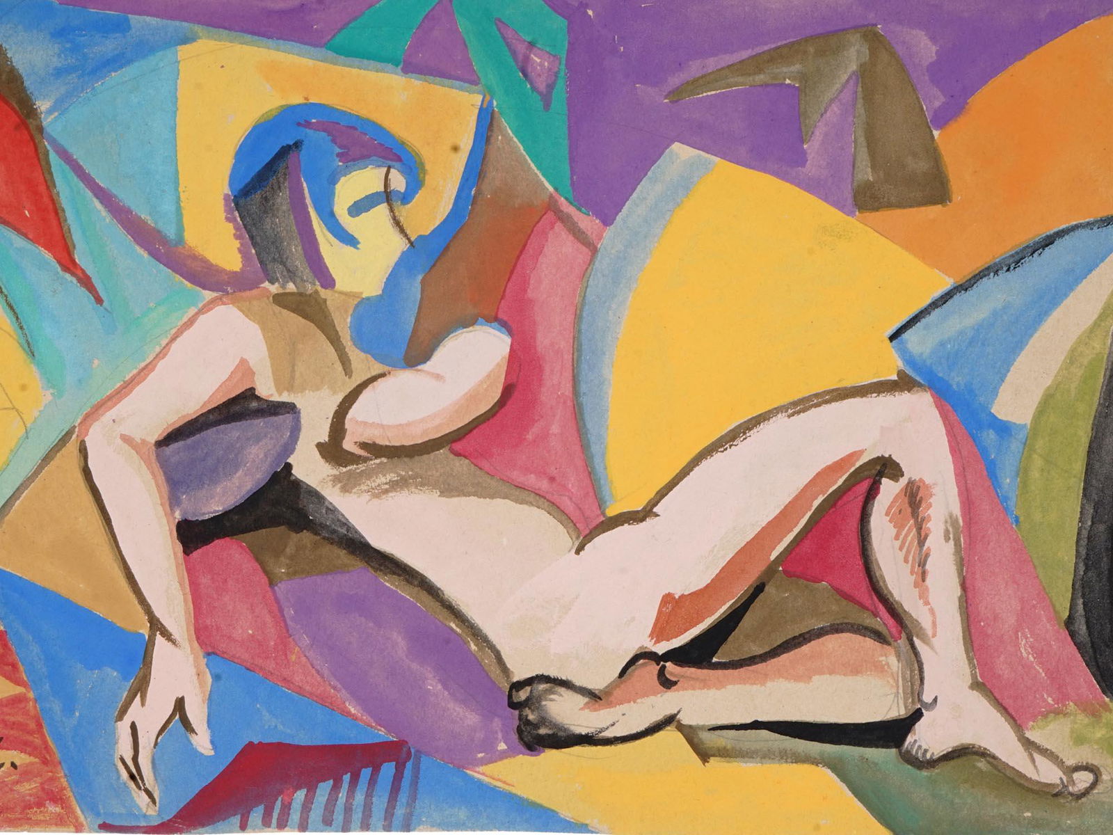 ANDRE LHOTTE FRENCH MODERNIST GOUACHE ON PAPER PAINTING: Andre Lhote (French, 1885 - 1962), a Modernist painting depicting a reclining nude. Signed by the artist lower left. A French sculptor and painter, Andre Lhote worked in modernist styles including Fau