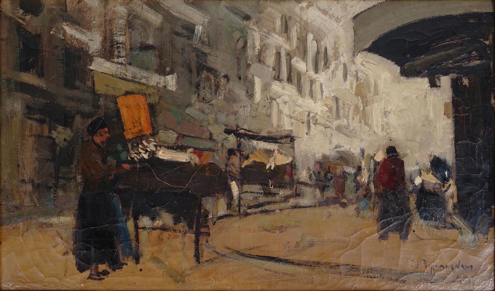 A JAN RIJLAARSDAM OIL ON CANVAS PAINTING, HOLLAND 1911-2007: A nice oil painting by Jan Rijlaarsdam (Born: 1911 -Died: 2007). The painting depicts a view of an Amsterdam street vendor.Footnote: Jan Rijlaarsdam is known for townscape, factories, industrial sites