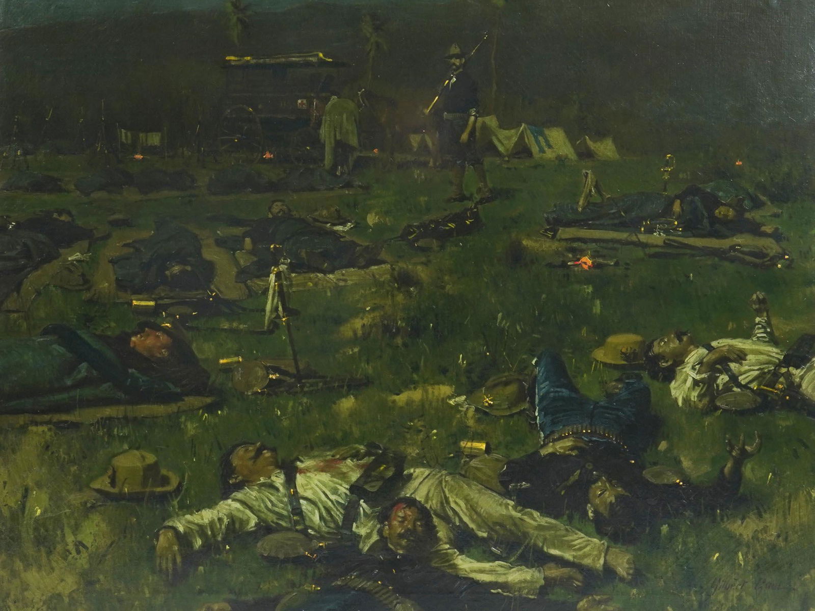 A GILBERT GAUL OIL PAINTING THE AFTERMATH, CA. 1898: William Gilbert Gaul, oil on canvas painting "The Aftermath (the Spanish American War)" depicting wounded soldiers in a field hospital, circa 1898. Signed by the artist lower right. William Gilbert Ga