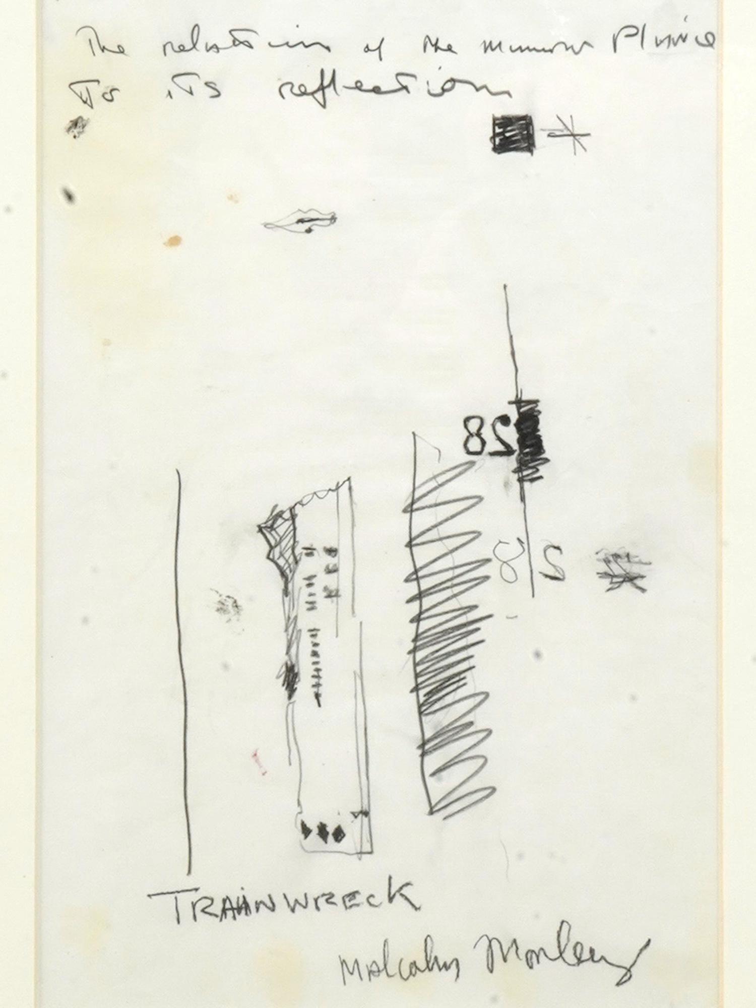 A MALCOLM MORLEY AMERICAN ABSTRACT PENCIL DRAWING: Malcolm Morley, an abstract pencil on paper drawing, Untitled â€œ82”. Signed by the artist lower right. Matted and framed. Please, refer to the paper label attached to the backside. Malcolm