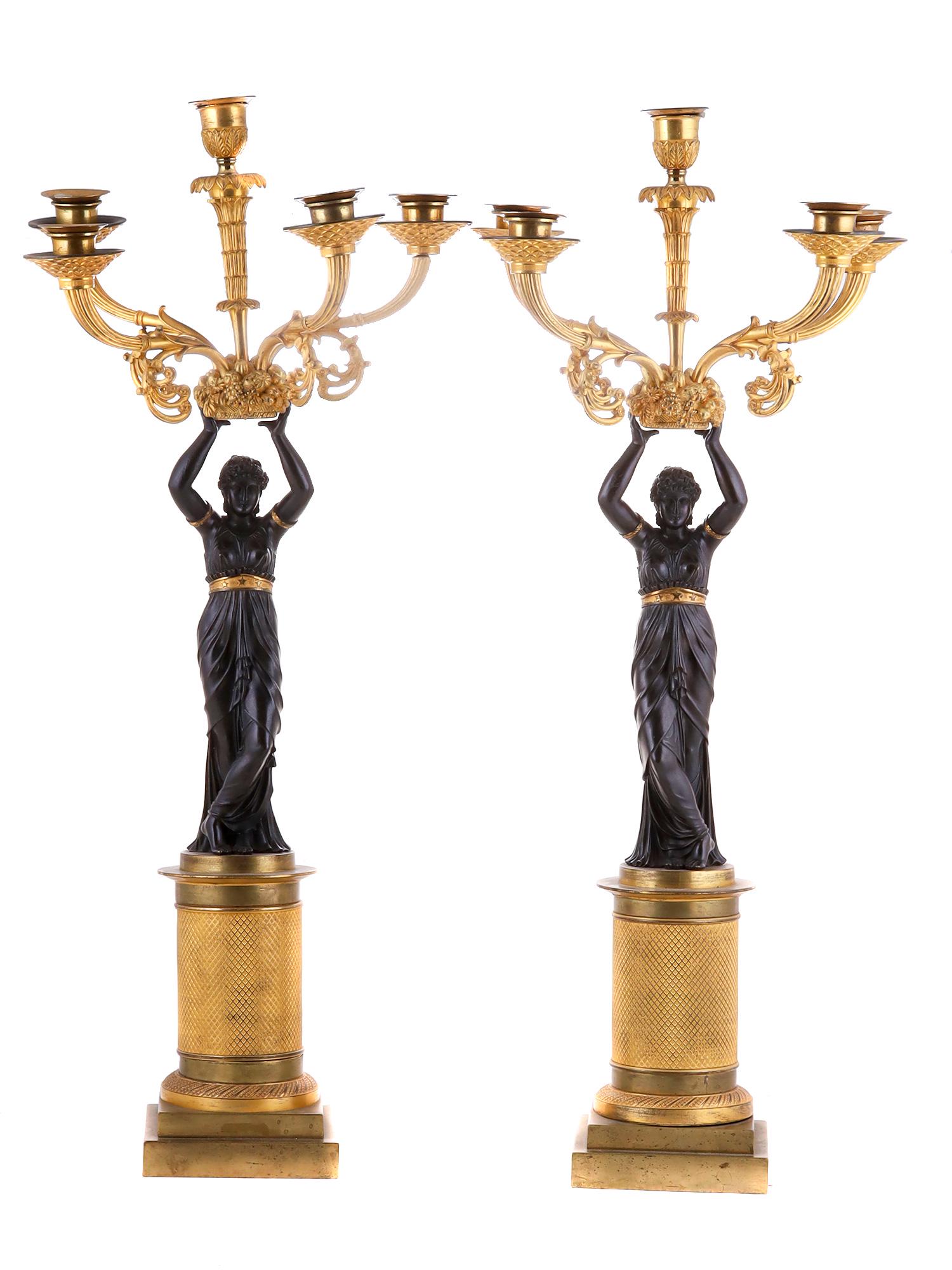 A PAIR OF FRENCH GILT-BRONZE CANDELABRA, 19TH CEN. (1 of 2)