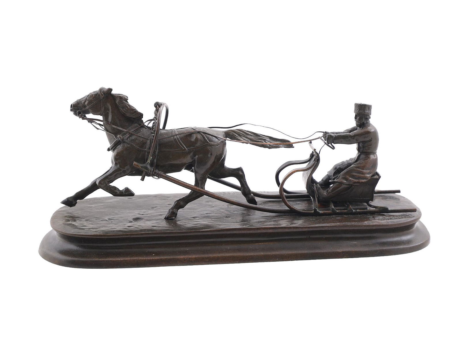 VASILI GRACHEV (RUSSIAN, 1831-1905) ANTIQUE BRONZE SCULPTURE COSSACK ON SLEIGH: Modeled by Vasili Yakovlevich Grachev (Russian, 1831-1905), cossack on a horse-drawn sleighSigned in Cyrillic, foundry mark "Fabr. C.F. Woerffel".Caa. 1900. Dimensions: L: 9 3.4 in., (23.7 cm.)