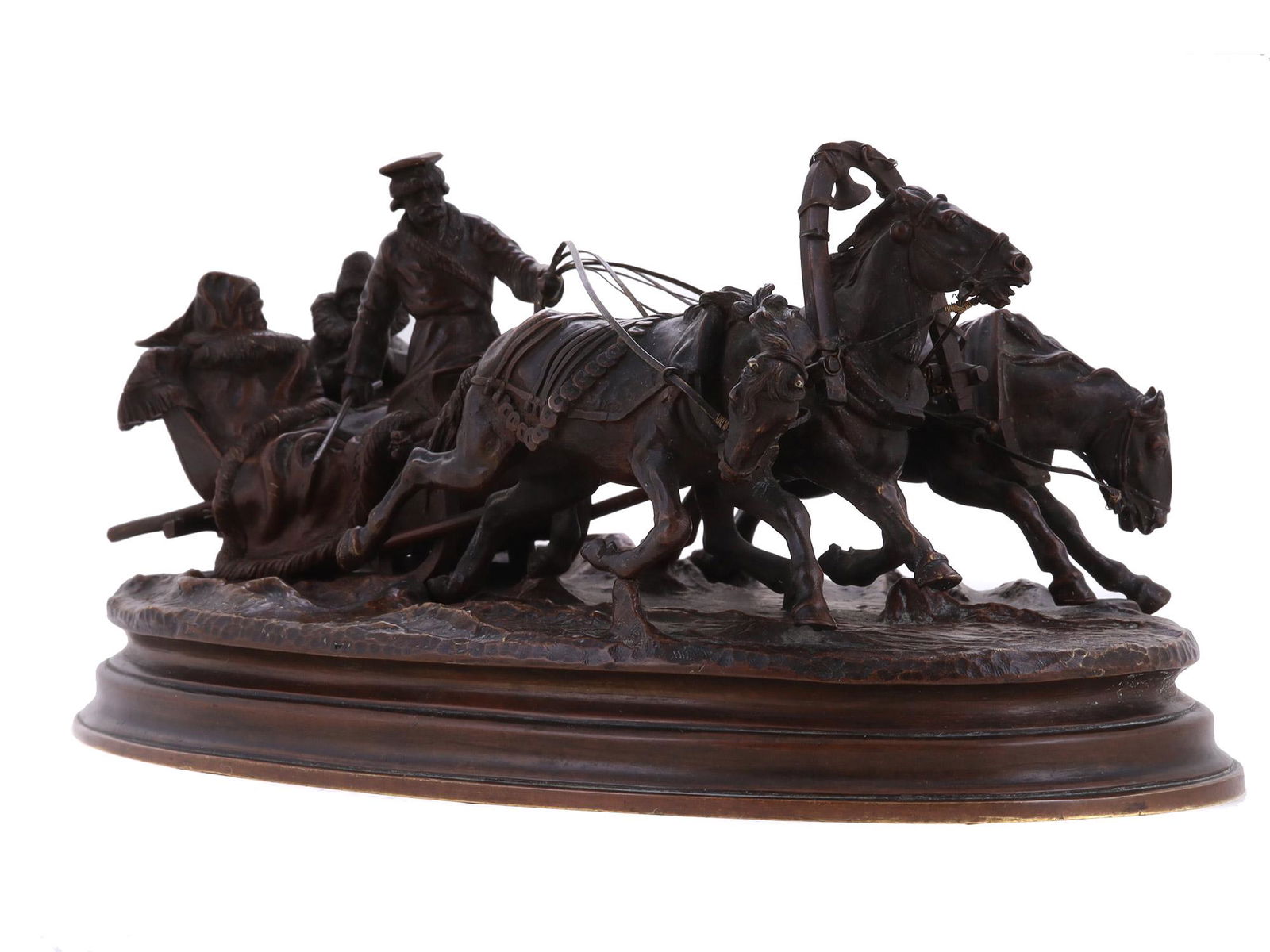 A RUSSIAN TROIKA BRONZE FIGURE BY GRACHEV: A bronze grouping depicting a very popular Russian subject: harnessed with three horses (troika) cart on the road. The figure is attributed to Vasiliy Yakovlevich Grachev (1831-1905).It is signed on t