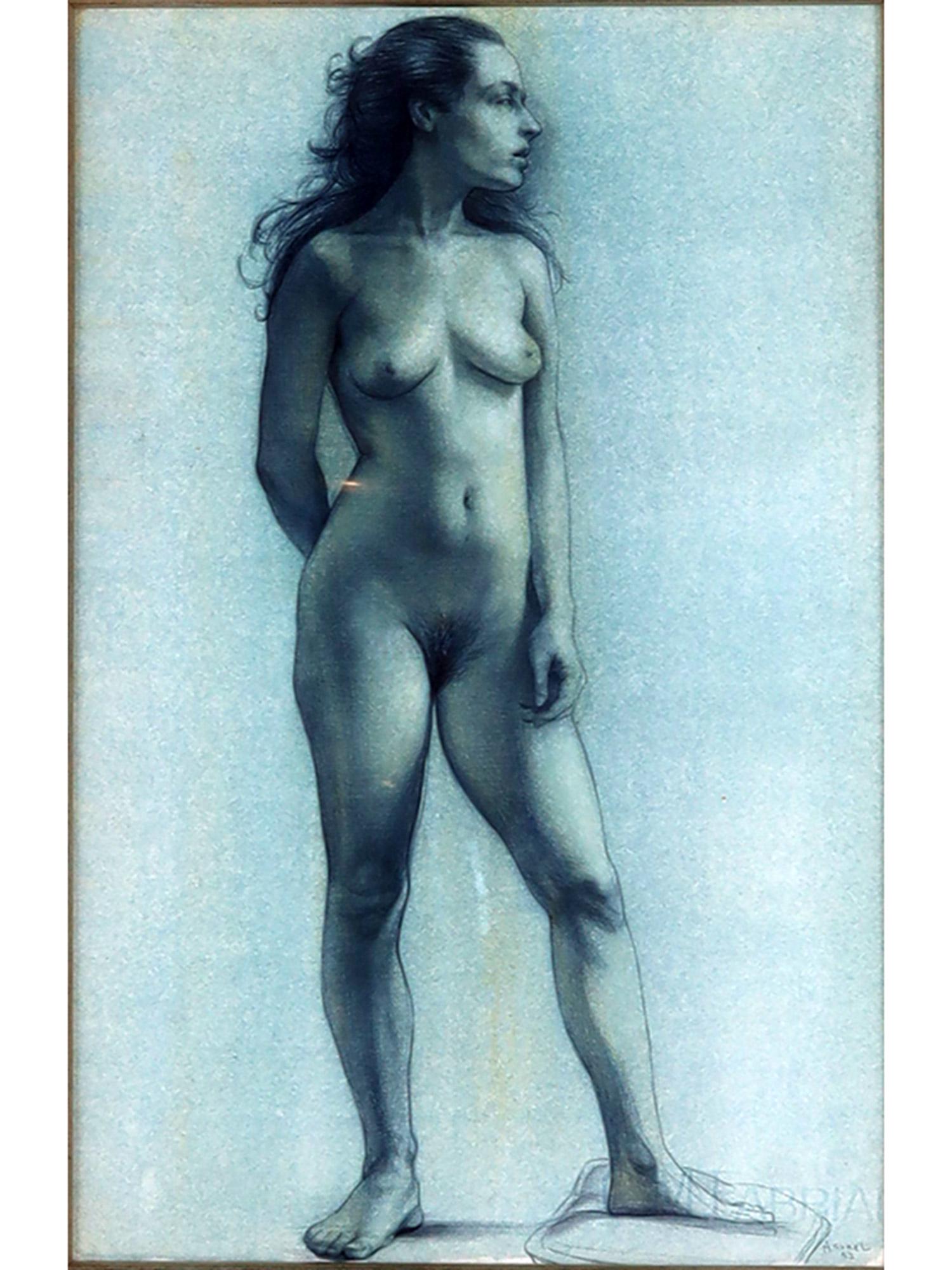 A STEVEN ASSAEL AMERICAN MIXED MEDIA NUDE DRAWING: Steven Assael (American, born 1957), graphite and watercolor on paper drawing depicting a standing nude, 1992. Signed by the artist and dated on the lower right. Matted and framed.Note: Steven Assael