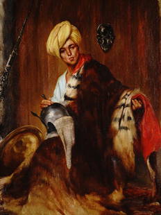 AFTER GEROME ORIENTAL MALE PORTRAIT OIL PAINTING: The painting depicts an Oriental arms dealer in his shop. Signed F. Ligile in the upper right corner. A copy of an 1869 artwork titled Pelt Merchant by Jean-Leon Gerome, a French academic artist. Git-