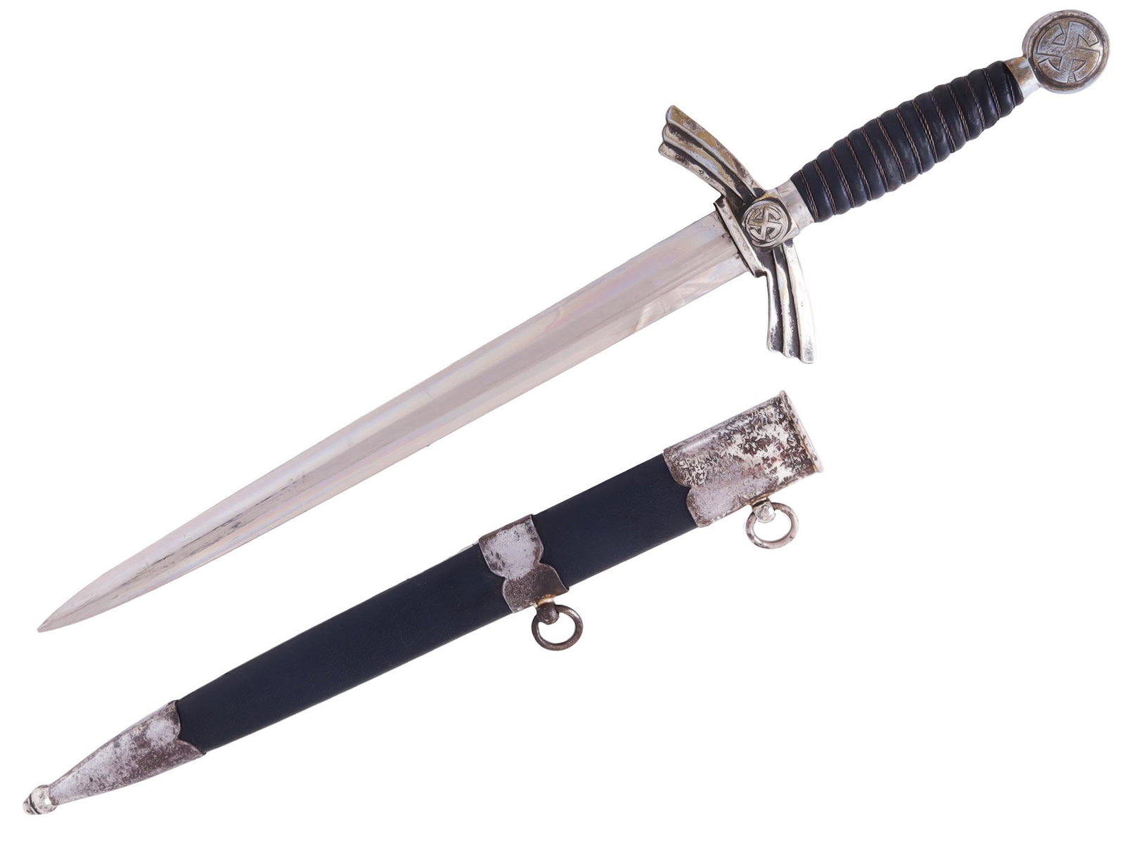 A WW2 GERMAN 1934 LUFTWAFFE 1ST MODEL DAGGER: The grip and scabbard are covered in blue leather. The pommel, cross-guard and scabbard fittings are made of metal and have a polished silver finish. The pommel and cross-guard also feature a brass co