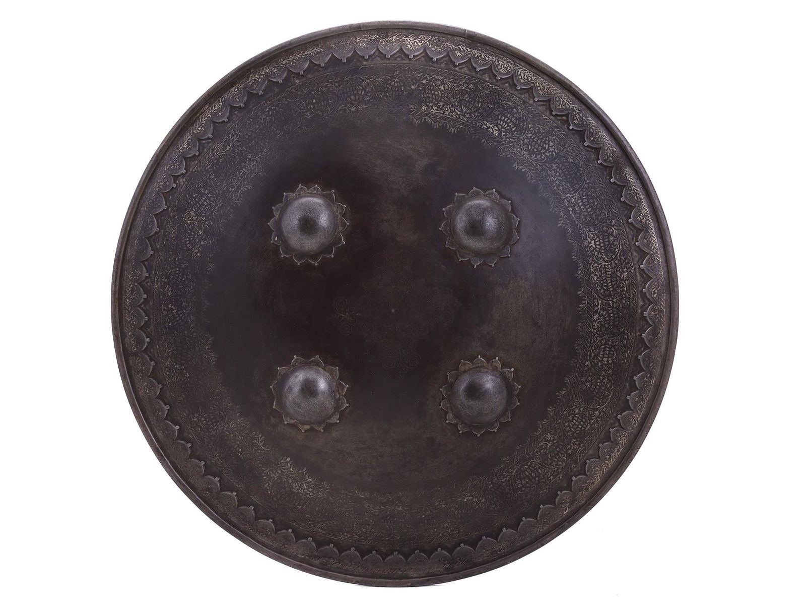 AN INDO-PERSIAN SILVER-INLAID SHIELD (DHAL), 19TH CEN.: A 19th-century Indo-Persian steel shield of convex form with a reinforced outer rim secured with rivets, decorated in silver inlay floral scroll designs, four dome-shaped bosses, still intact straps a