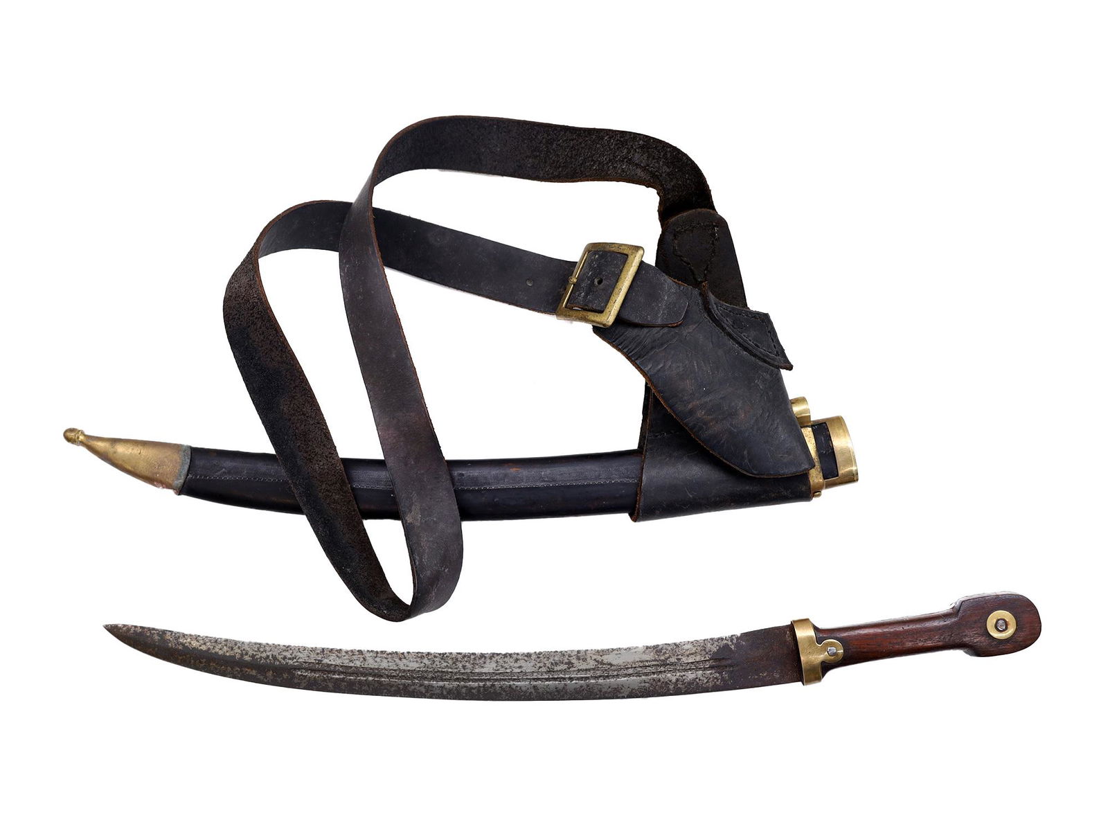 A RUSSIAN BEBUT DAGGER SIDEARM, 1912 WITH ARSENAL MARKS: A fine Russian bebut dagger (sidearm) dated 1912 on ricasso with well-read Russian arsenal maks on the brass mounts. Carved wooden grip, double-edged pointy blade, wooden scabbard covered with black l