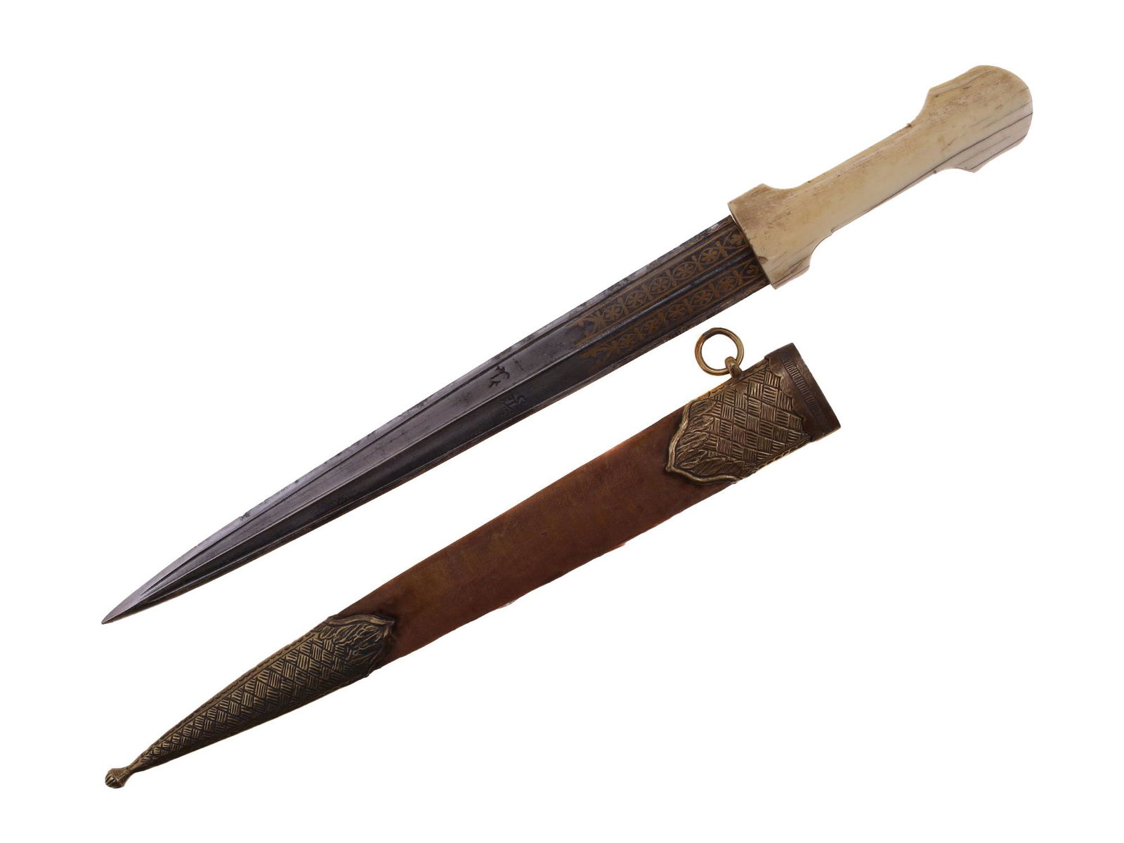 A TURKISH OTTOMAN ISLAMIC QAMA DAGGER WITH GOLD INLAY: A qama dagger with a carved handle secures by to rivets decorated with fine rosettes in the form of the golden flowers set red and white gems. Double-edged chiseled blade inlaid with gold koftgari and