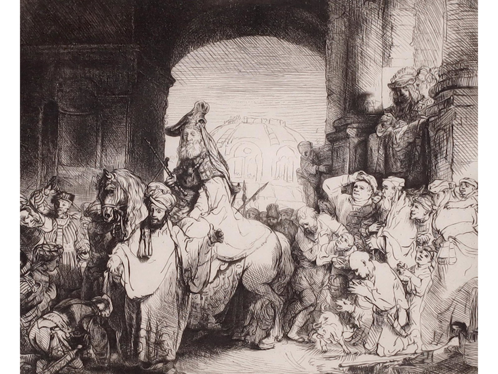 A REMBRANDT VAN RIJN ETCHING PRINT, 19TH CEN.: 19th century etching print, after Rembrandt Harmenszoon Van Rijn (1606 - 1669), "The Triumph of Mordecai," circa 1641. Matted and housed in an old wooden frame. Provenance: Doyle auction house. Please