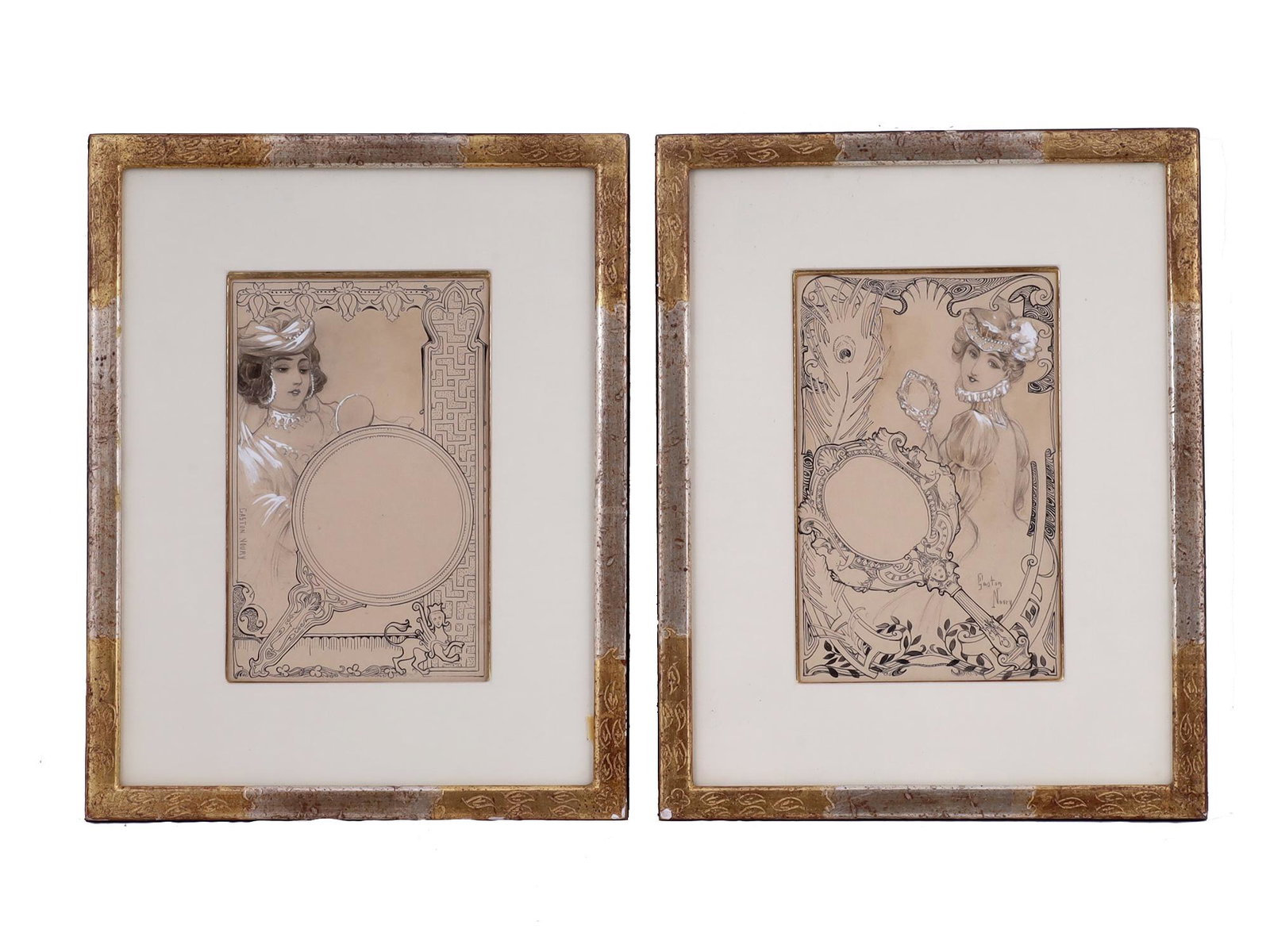 A PAIR OF ART NOUVEAU DRAWINGS BY GASTON NOURY: Gaston Noury (French, 1866 - 1936), a pair of drawings, each representing a lovely young woman with a hand mirror surrounded by exquisite Art Nouveau motifs. Painted in watercolor and ink heightened w