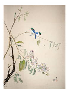 A CHINESE WATERCOLOR DRAWING OF BIRDS BY HU SHI XI: Hu Shi Xi (Chinese, born 1905), watercolor on paper painting depicting two birds sitting on a flower branch, 1956. Signed by the artist, dated and sealed on the lower right.Note: Hu Shi Xi was a Chine