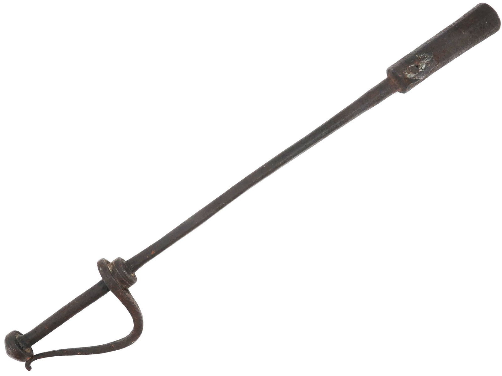 AN ISLAMIC HAND-FORGED WAR MACE, 19TH CEN.: Interesting mace, probably from the 19th century. A one-piece forged handle with a figured forged guard decorated with notches. The head is made of a faceted barrel that could possibly have been used 