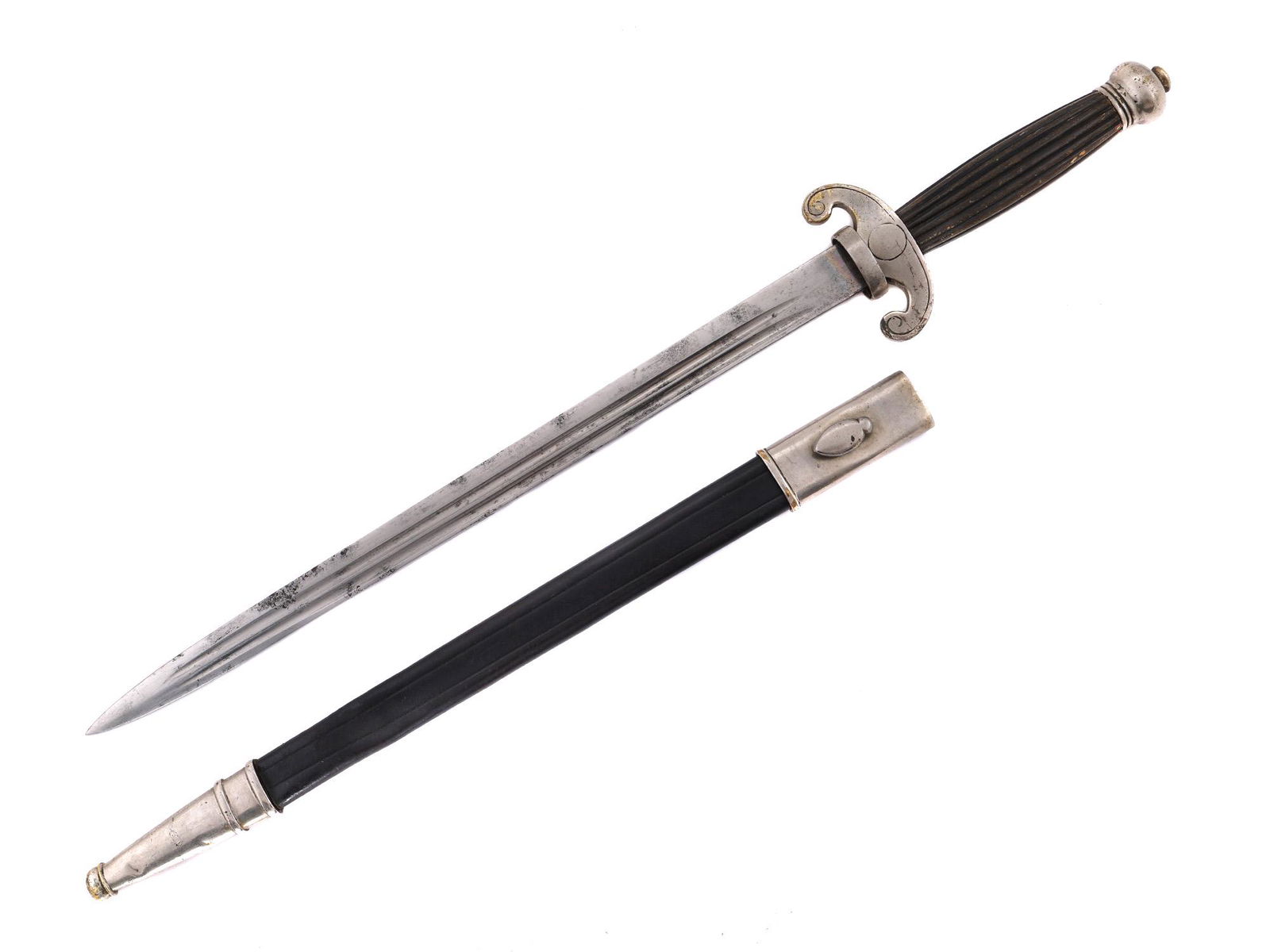 A FRENCH NAVAL ADMINISTRATION DAGGER M1860: Wooden handle with vertical grooves, brass pommel and cross guard with white-metal plating, straight blade with double fuller on each side, black leather scabbard with brass mounts with while-metal pl