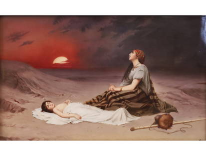 A KPM GERMAN PORCELAIN PLAQUE HAGAR AND ISHMAEL, CA. 1900: Hand-painted German porcelain plaque, "Hagar and Ishmael in the Desert," a scene from the Genesis, Chapter 21 depicting a woman with a sleeping child in a desert landscape with sand dunes at sunset. P