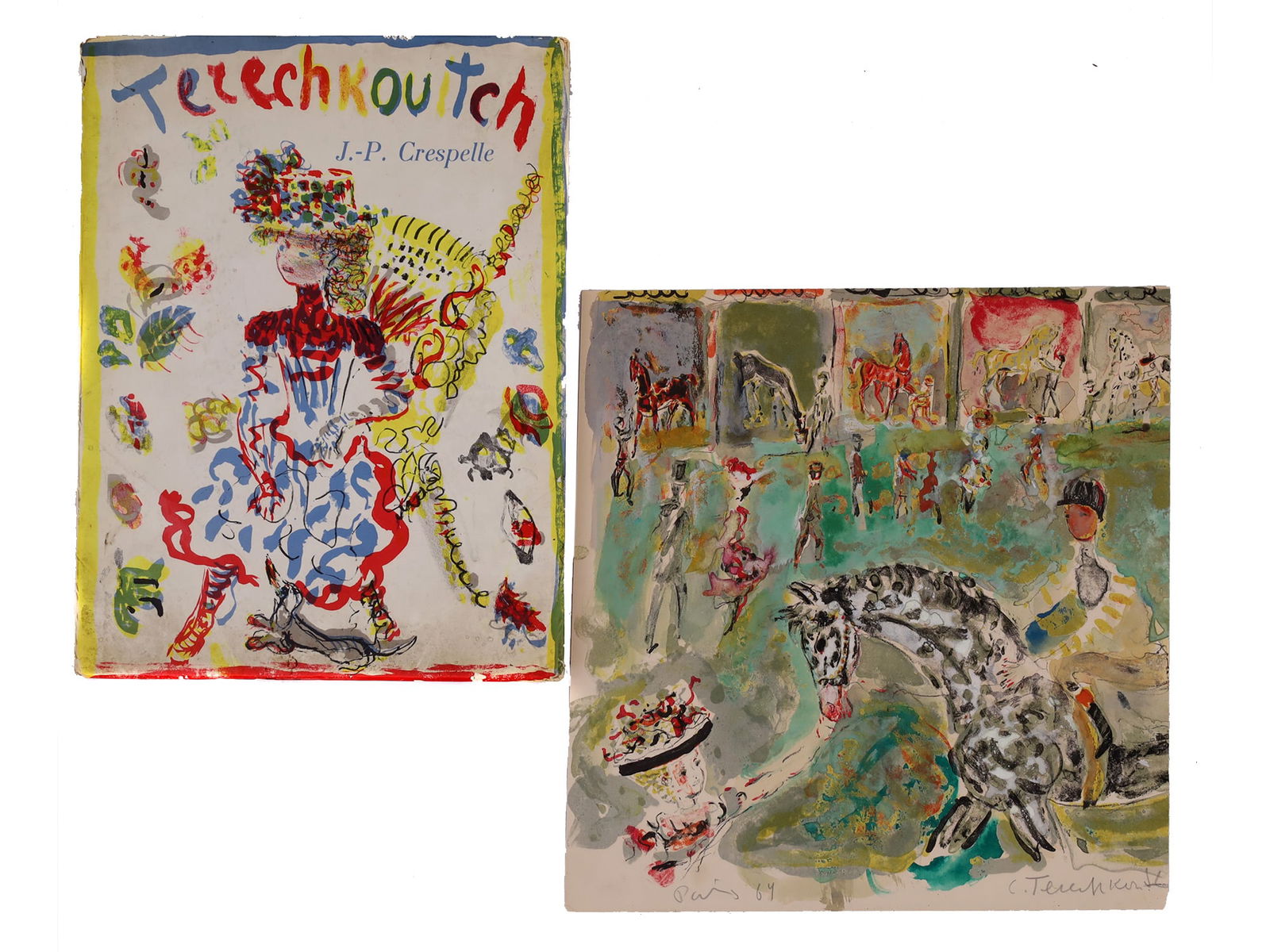 A TERECHKOVITCH WATERCOLOR AND BOOK ON THE ARTIST, RUSSIAN: Constantin Terechkovitch, a watercolor drawing depicting a horse-rider, dressed up people and multicolored horses. Titled and dated lower left "Paris, 1964" and signed by the artist lower right "C. Te